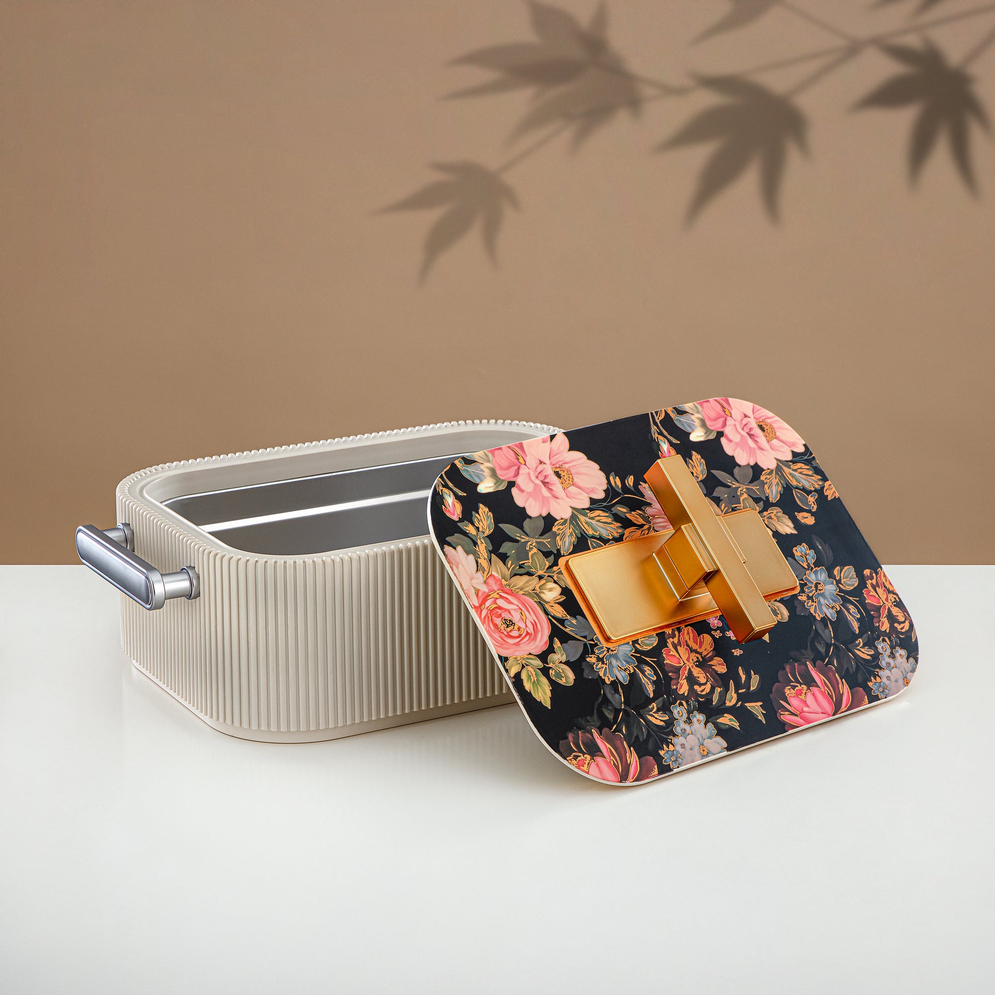 Almarjan Hot Pot ABS, 4000ML, Floral Beige & Matt Gold (HP06-400SP-AZ04G) - Elegant Serving