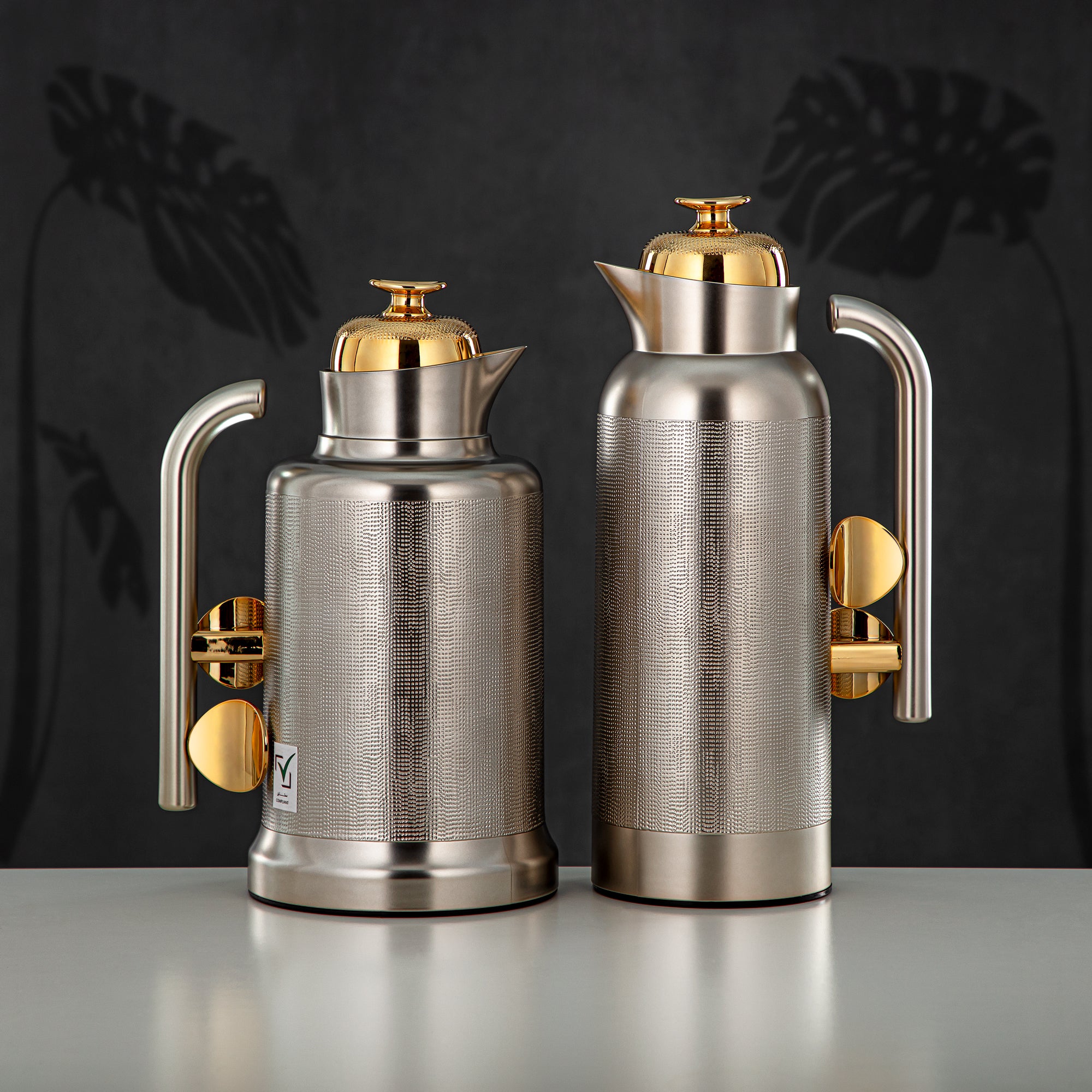 Almarjan Vacuum Flask Set, ABS, Push Button, 1L + 1L, Matt Nickle & Gold (IZ-MNG) - Modern Elegance