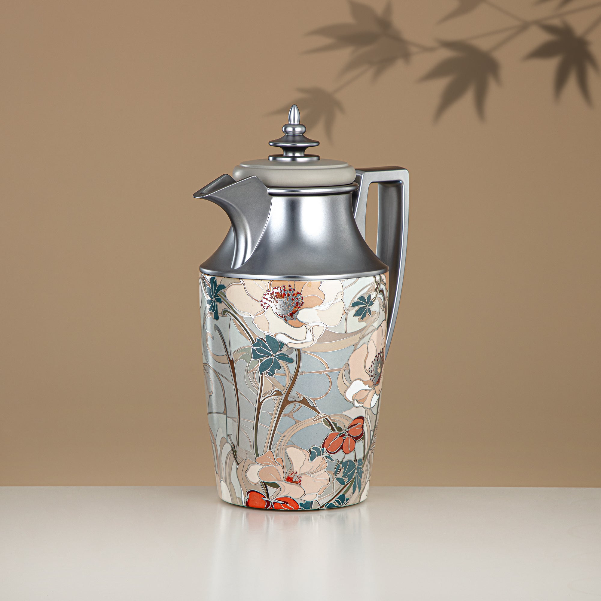 Almarjan Vacuum Flask Set, Push Button, 1L + 1L, Floral & Matt Silver (JBH10T/10C-AZ02S) - Tea & Coffee Vacuum Flask