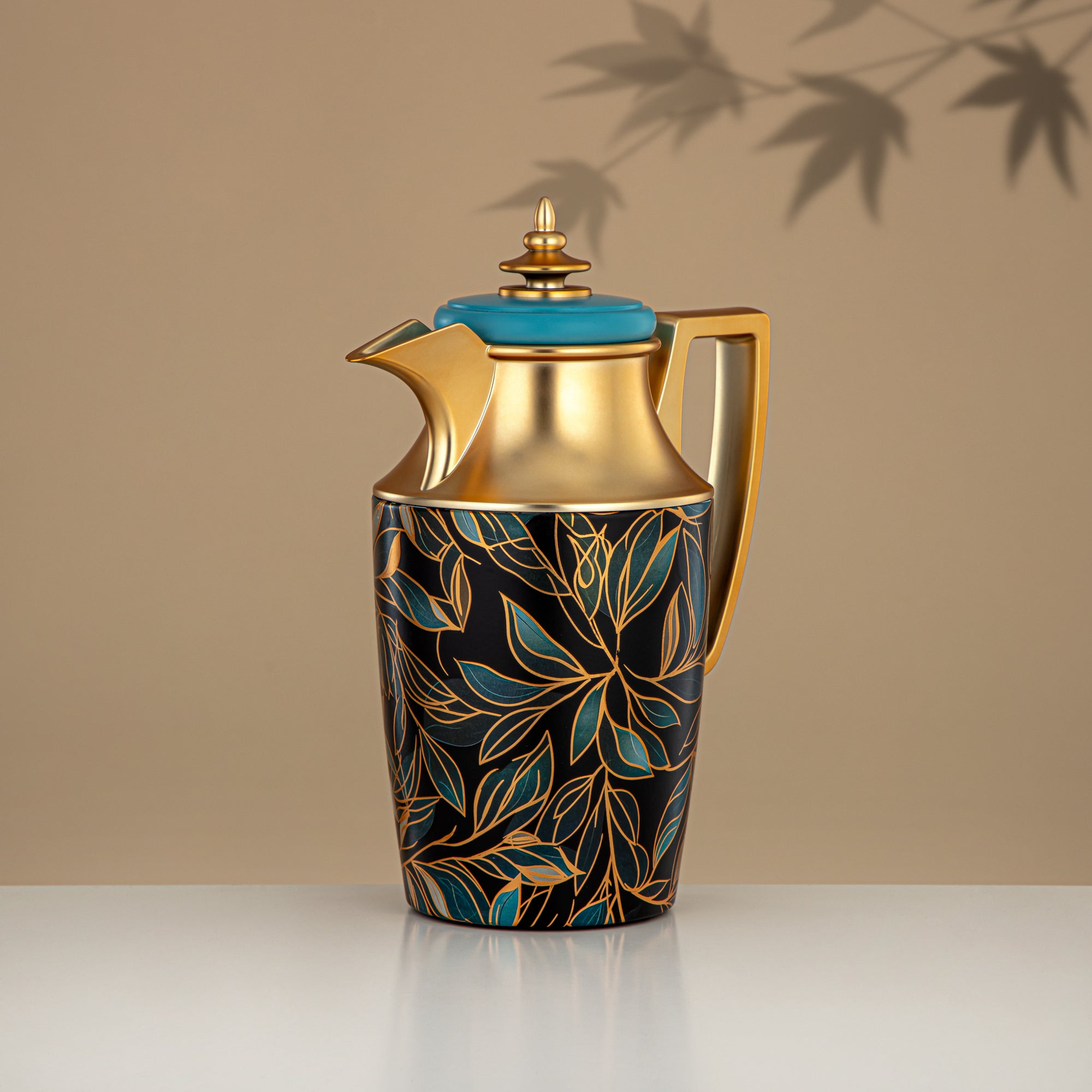 Almarjan Vacuum Flask Set, Push Button, 1L + 1L, Floral & Matt Gold (JBH10T/10C-AZ03G) - Tea & Coffee Vacuum Flask