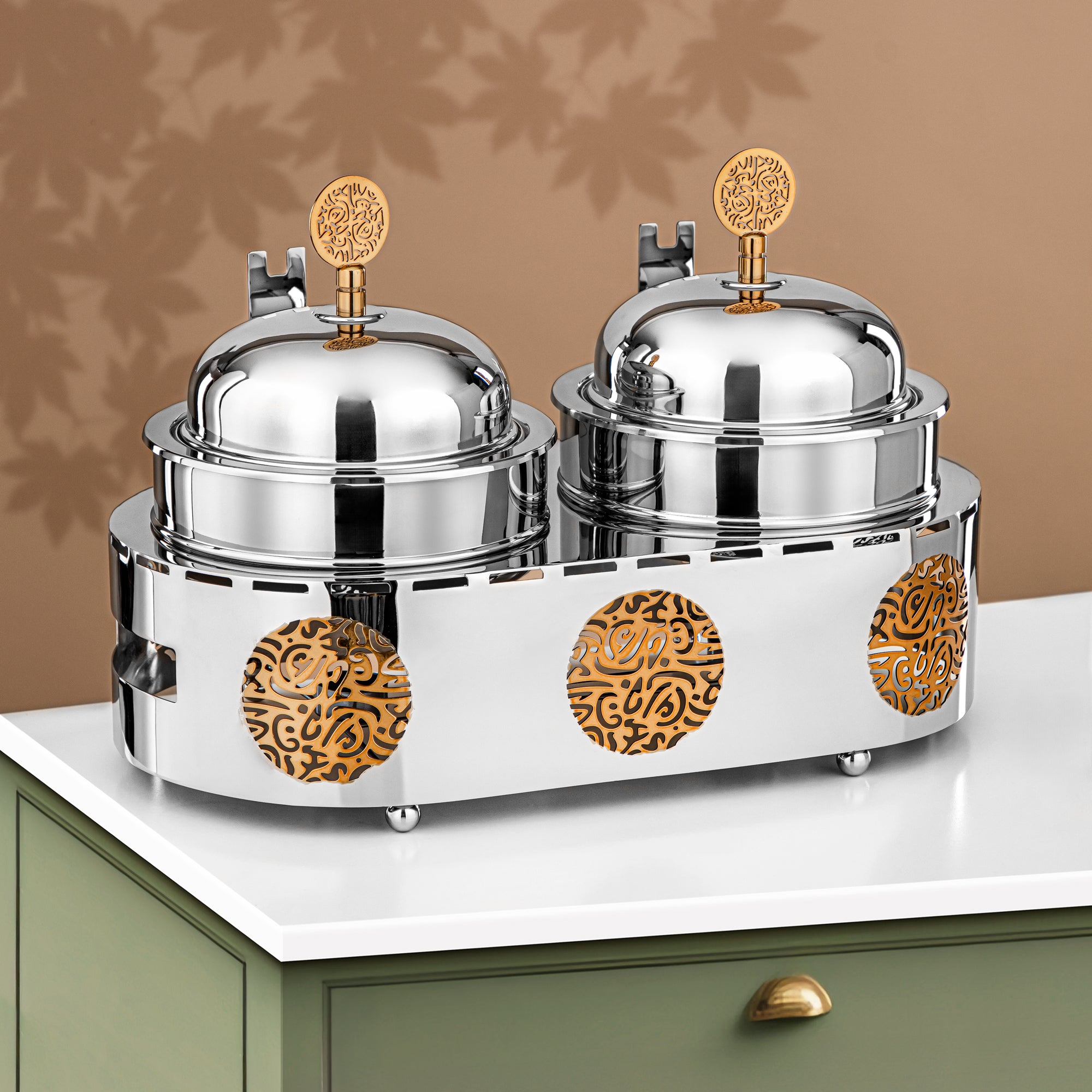 Almarjan Chafing Dish Double Stainless Steel 1.25L + 1.25L Silver & Gold (MD-3019) - Stylish Serveware