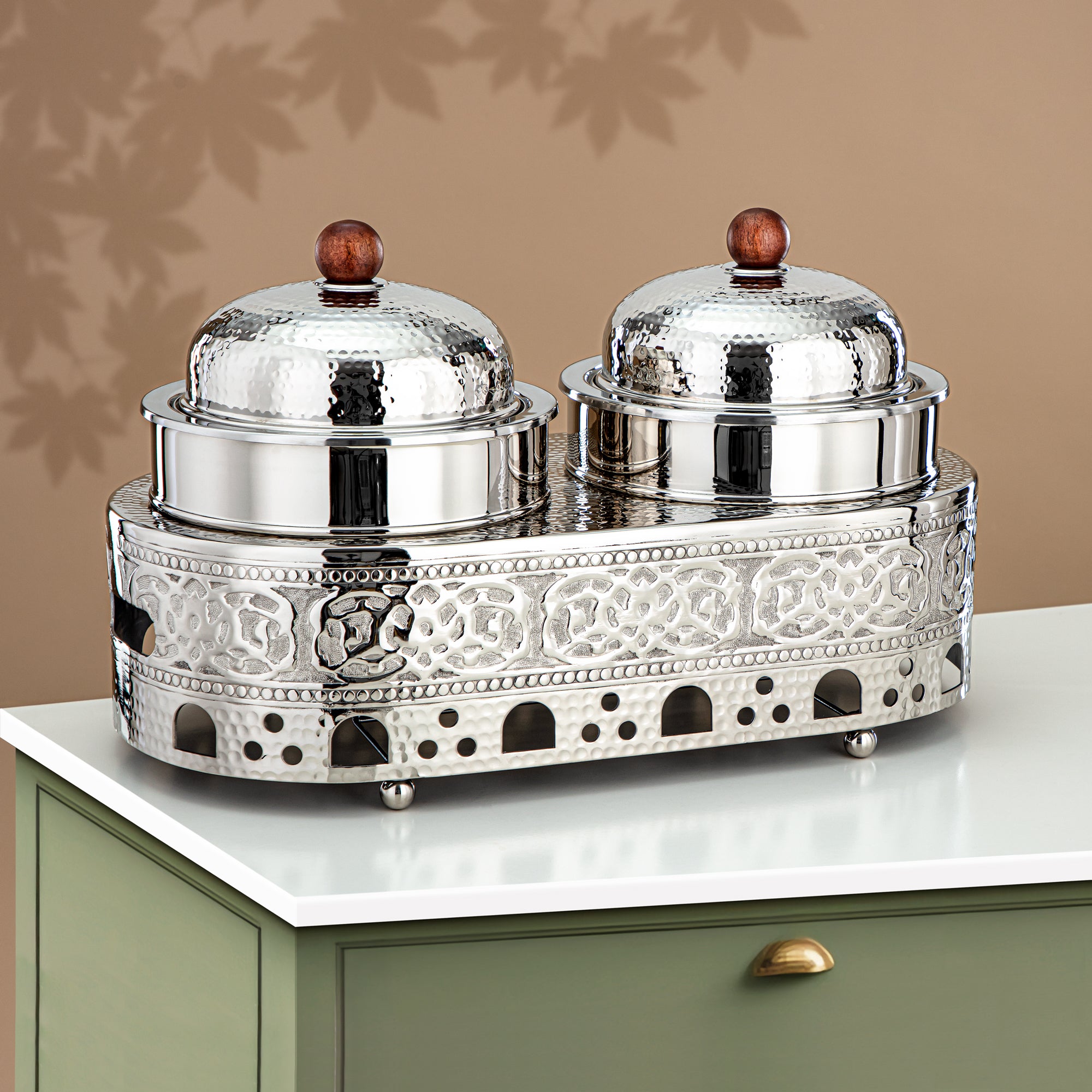 Almarjan Chafing Dish Double Stainless Steel, 1.25L + 1.25L, Silver (MD-3045) - Stylish Serveware