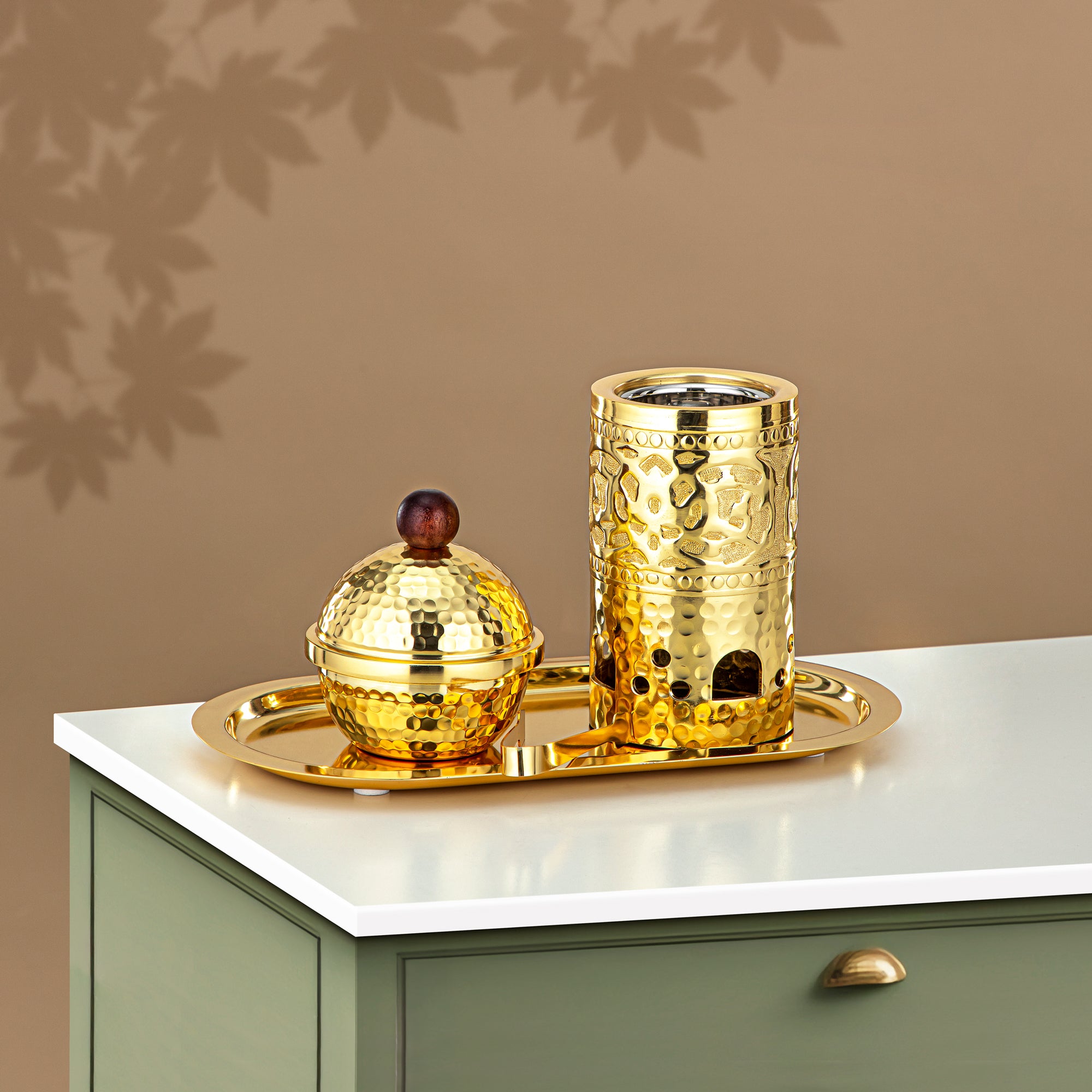Almarjan Incense Burner Set, Gold (MD-3054) - Oud Burner