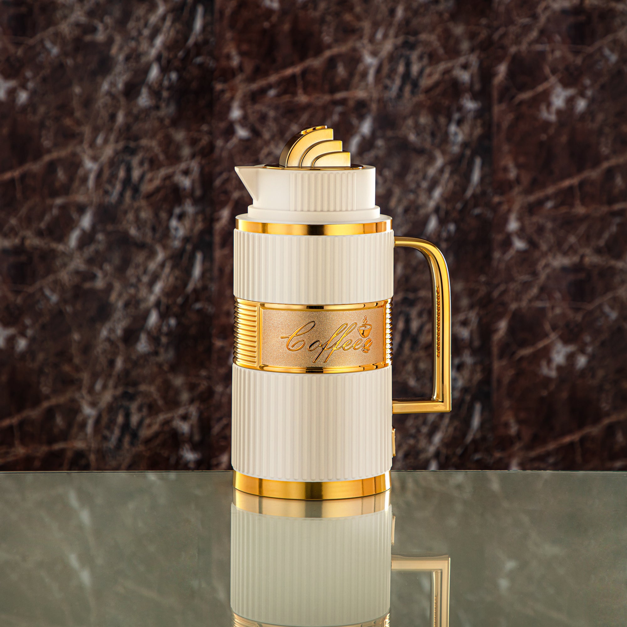 Almarjan Vacuum Flask Set, ABS, Push Button - 1L + 1L, Ivory & Gold (OUD-MIVYG) - Tea & Coffee