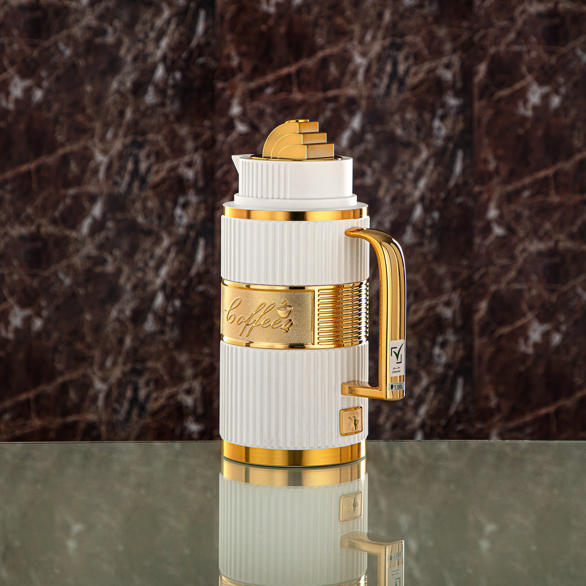 Almarjan Vacuum Flask Set, ABS, Push Button - 1L + 1L, White & Gold (OUD-MWG) - Tea & Coffee
