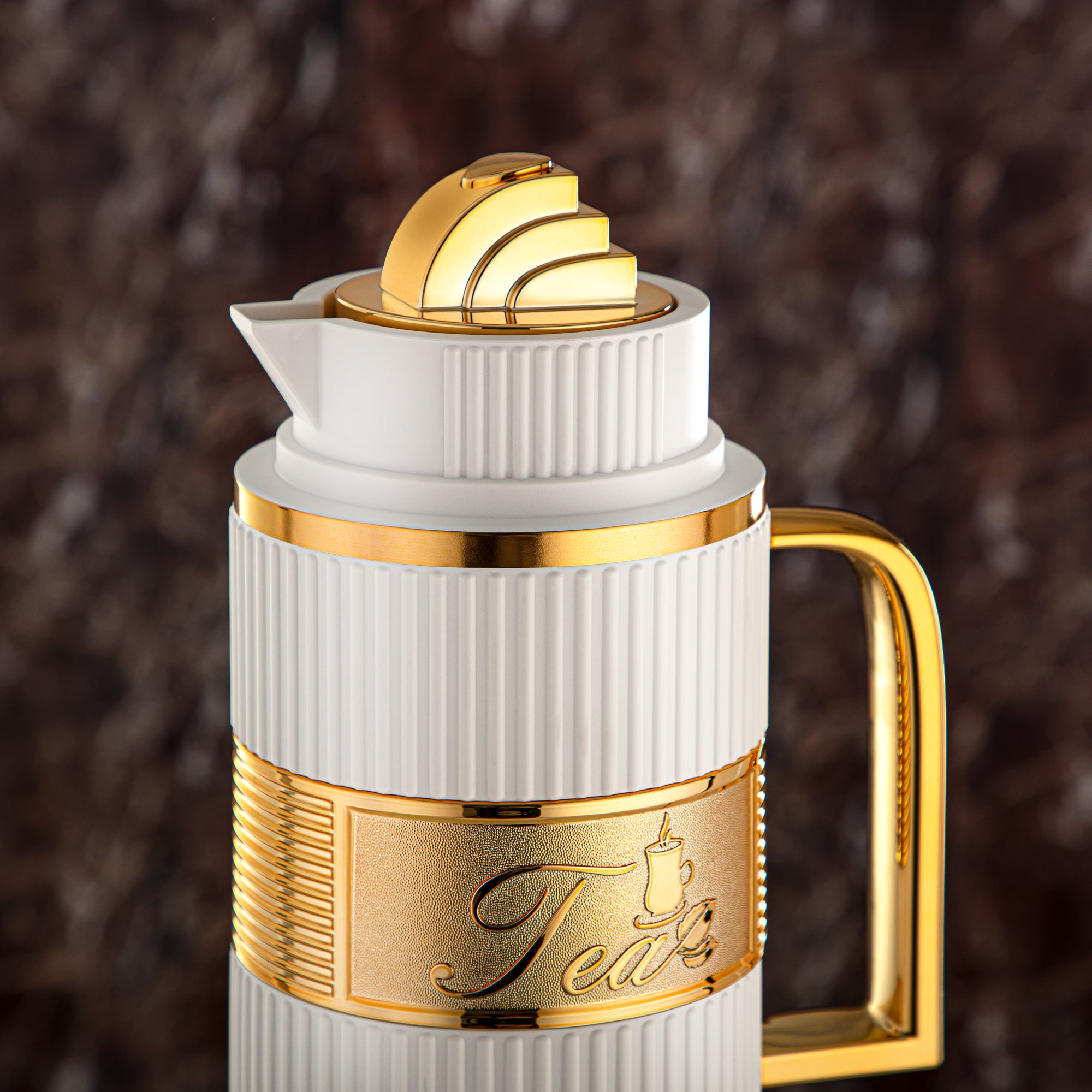 Almarjan Vacuum Flask Set, ABS, Push Button - 1L + 1L, White & Gold (OUD-MWG) - Tea & Coffee