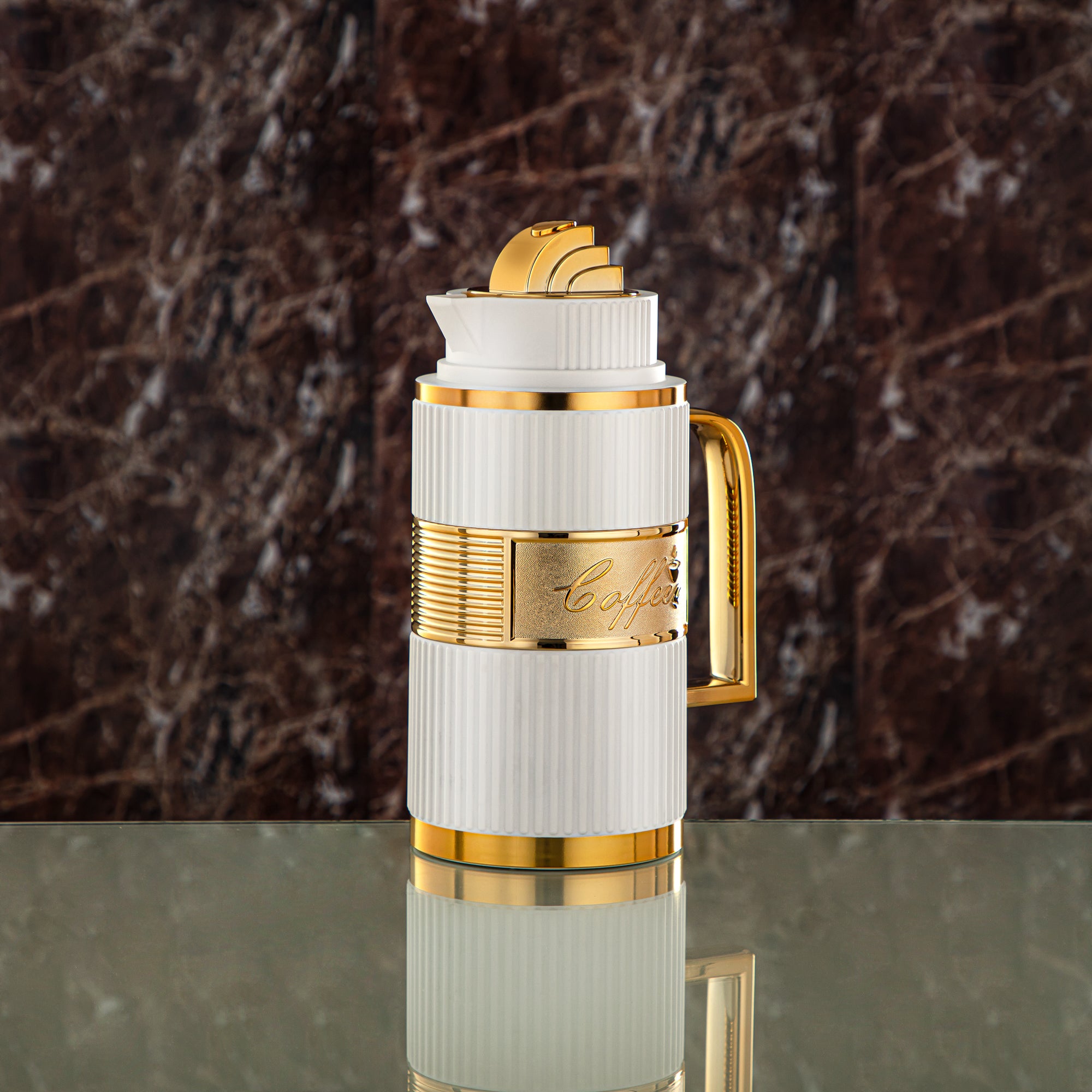 Almarjan Vacuum Flask Set, ABS, Push Button - 1L + 1L, White & Gold (OUD-MWG) - Tea & Coffee