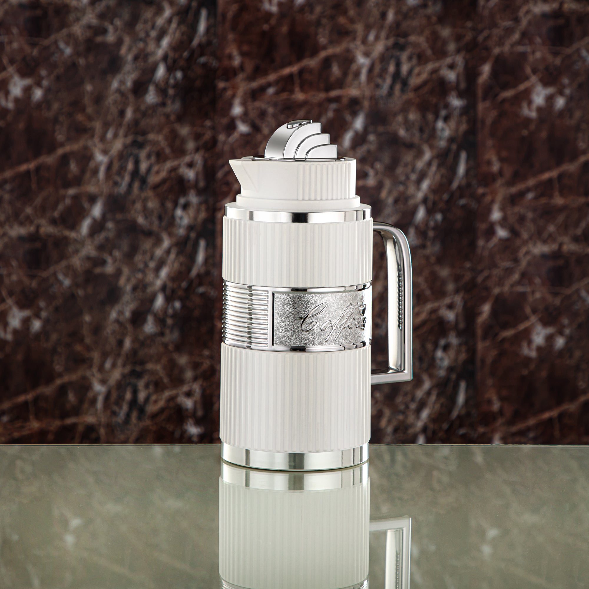 Almarjan Vacuum Flask Set, ABS, Push Button - 1L + 1L, White & Silver (OUD-MWS) - Tea & Coffee