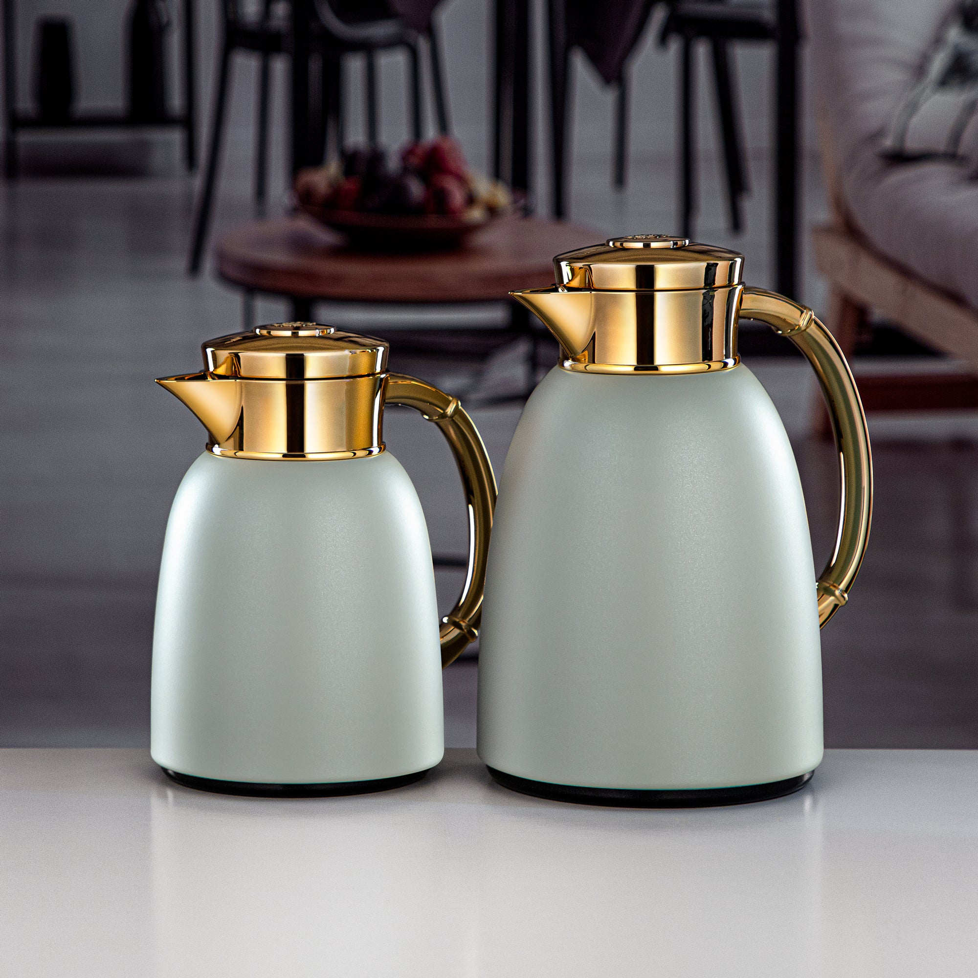 Almarjan Vacuum Flask Set Metal Matt Stone Grey & Gold 0.65L + 1L (QVC-0650Q265YZC95+1000Q265YZC95) – Elegant Serving | Ramadan & Gatherings