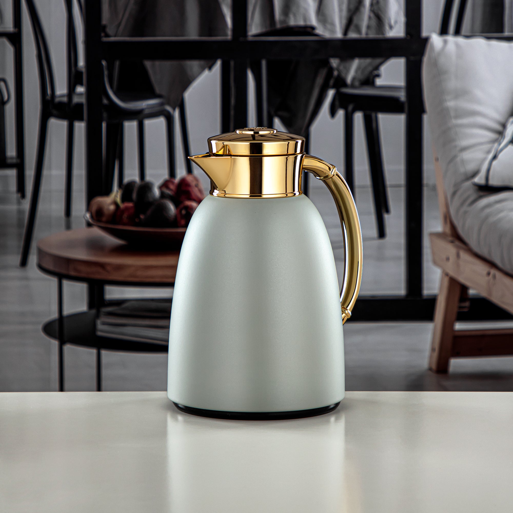 Almarjan Vacuum Flask 1.0L (QVC-1000Q265YZC95) - Push Button, Stone Grey & Gold | Modern Serveware