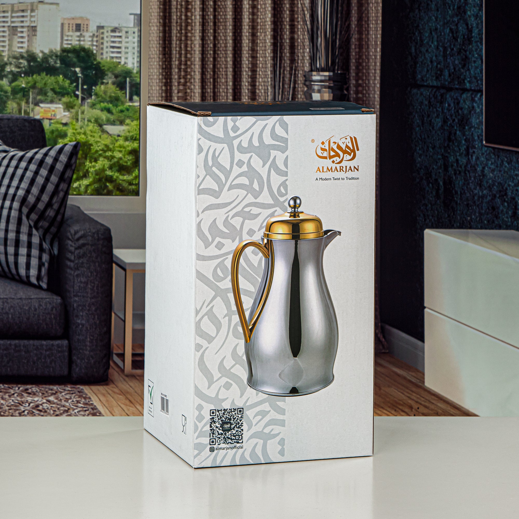 Almarjan Vacuum Flask Metal Body with Glass Liner 1L Matt Silver & Gold (RPA-100-MSG) – Everyday Elegance Collection