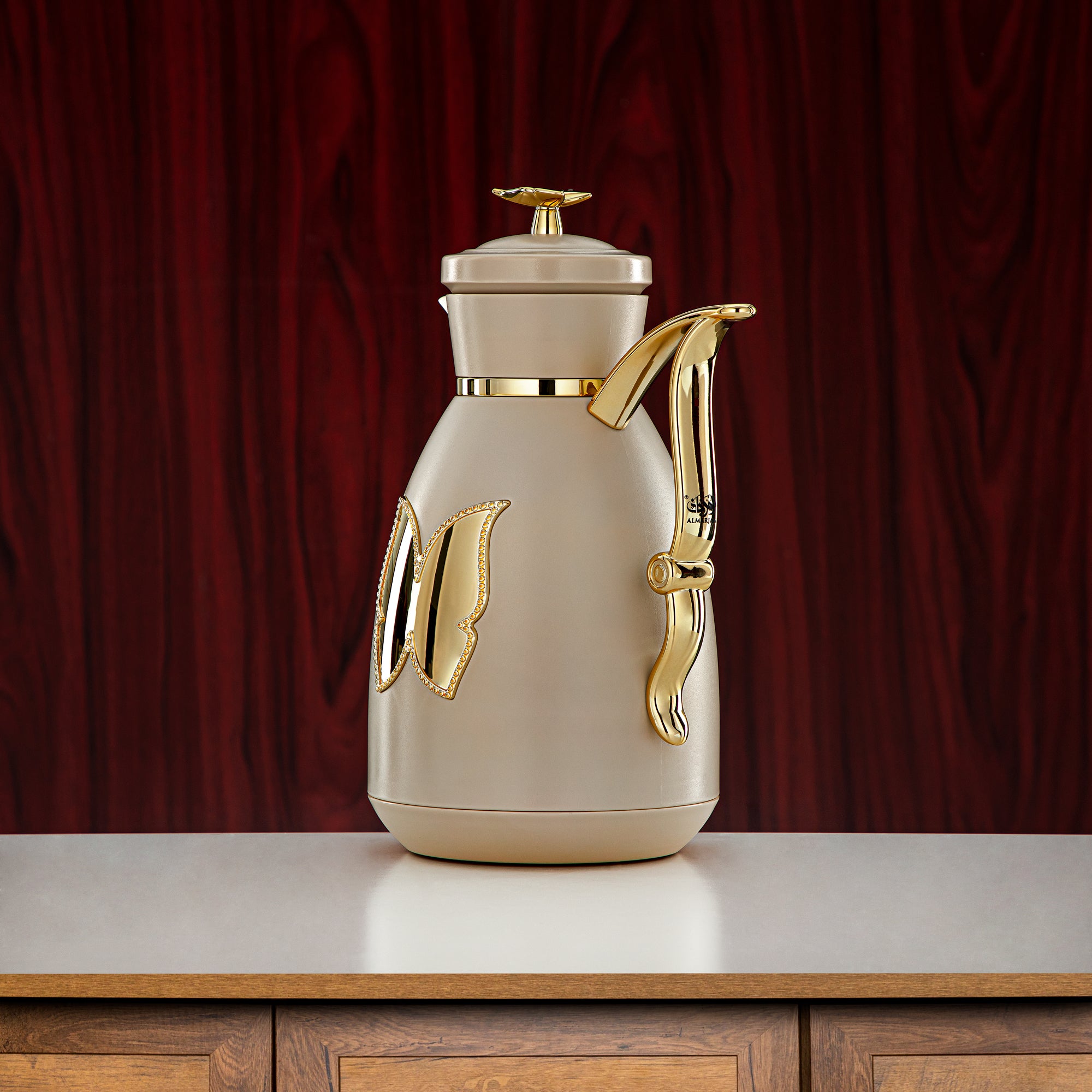 Almarjan Vacuum Flask Set Plastic Push Button 0.7L + 1L Beige & Gold (SM-2C142-070/100 BG/G) - Tea & Coffee Flask