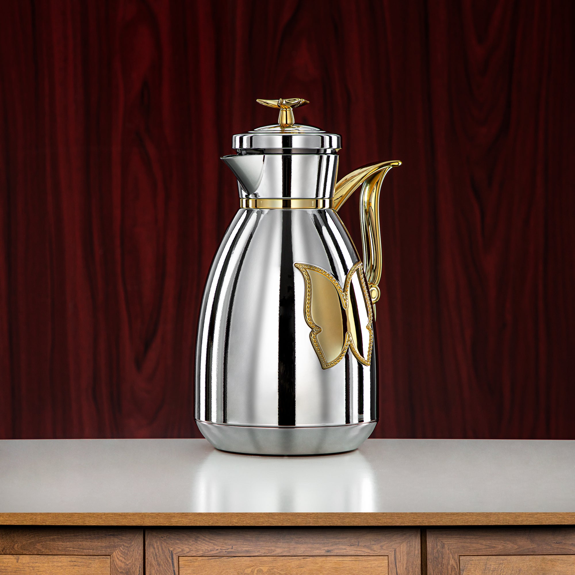 Almarjan Vacuum Flask Set Plastic Push Button 0.7L + 1L Silver & Gold (SM-2C142-070/100 C/G) - Tea & Coffee Flask