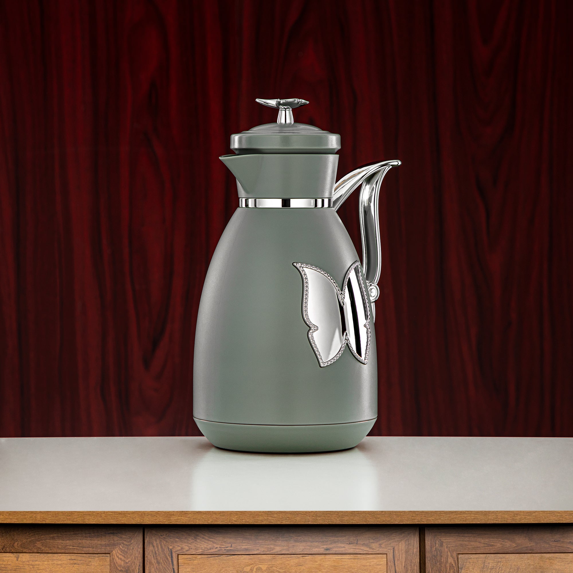 Almarjan Vacuum Flask Set Plastic Push Button 0.7L + 1L Green & Silver (SM-2C142-070/100 GG/C) - Tea & Coffee Flask