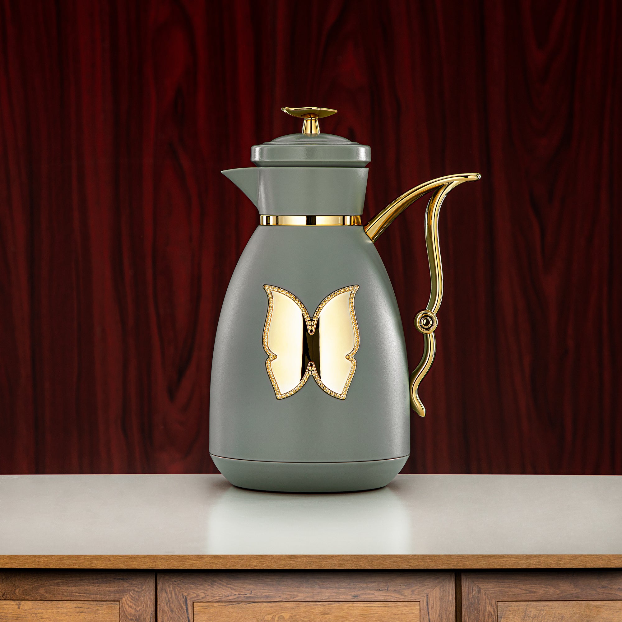 Almarjan Vacuum Flask Set Plastic Push Button 0.7L + 1L Green & Gold (SM-2C142-070/100 GG/G) - Tea & Coffee Flask