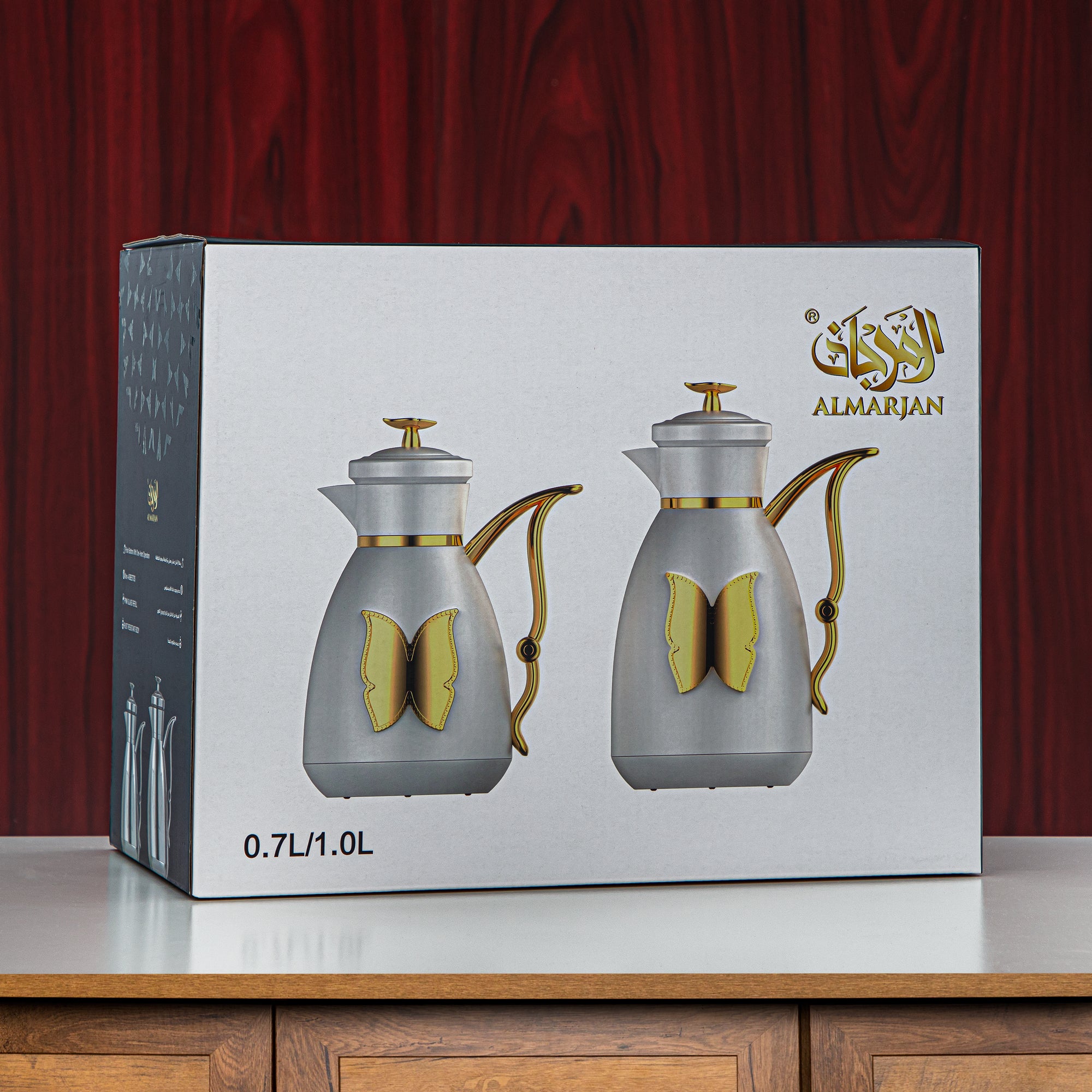Almarjan Vacuum Flask Set Plastic Push Button 0.7L + 1L Ivory & Silver (SM-2C142-070/100 IV/C) - Tea & Coffee Flask