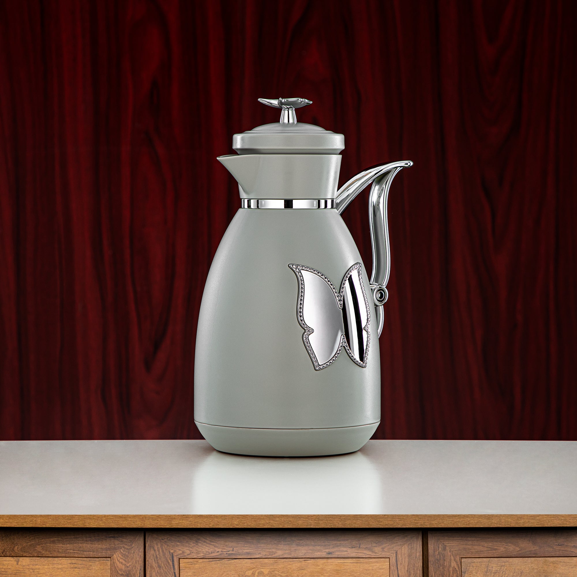 Almarjan Vacuum Flask Set Plastic Push Button 0.7L + 1L Light Grey & Silver (SM-2C142-070/100 LG/C) - Tea & Coffee Flask