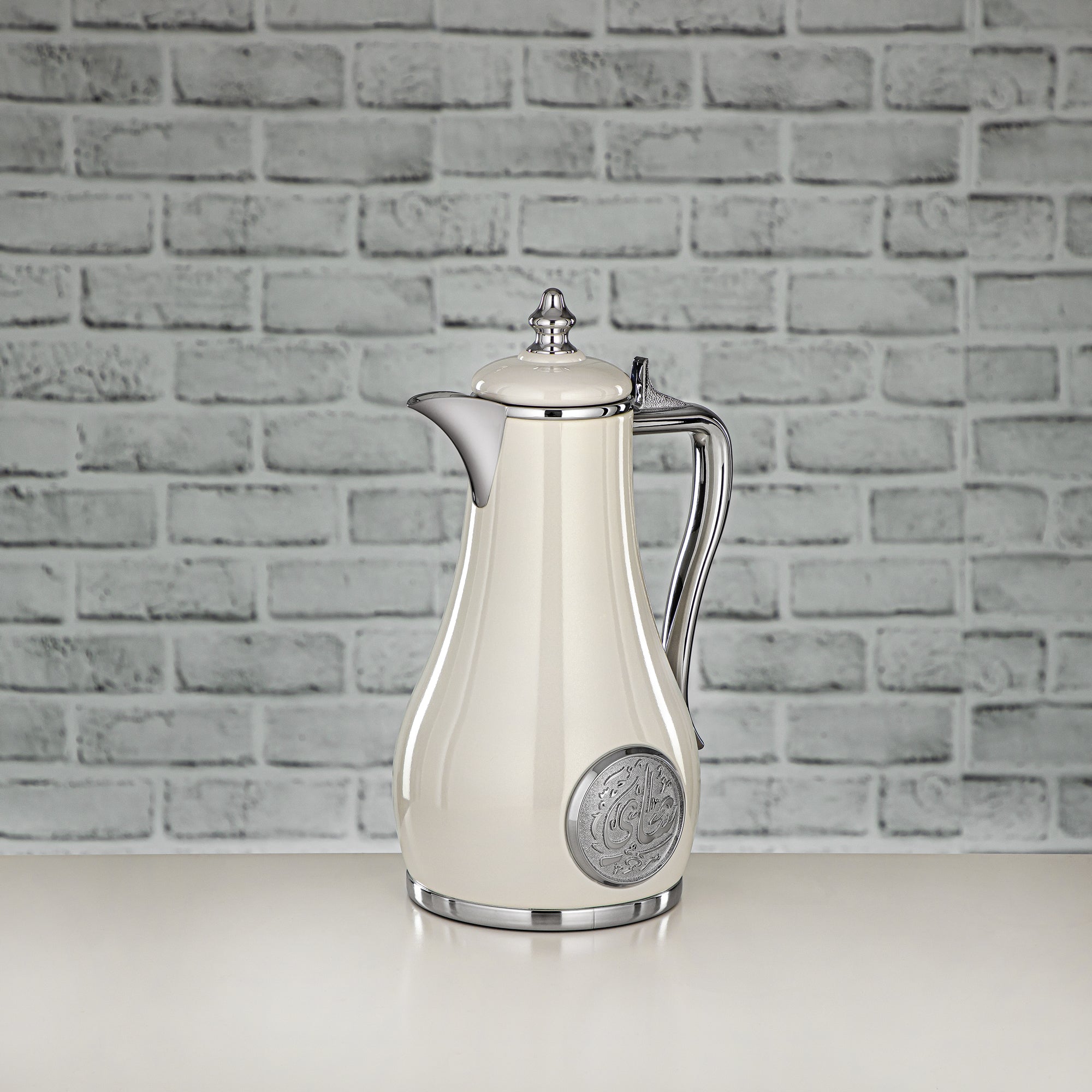 Almarjan Vacuum Flask Set, Push Button - 1L + 1L, Pearl White & Silver (SR-PWS) - Classic and Elegant