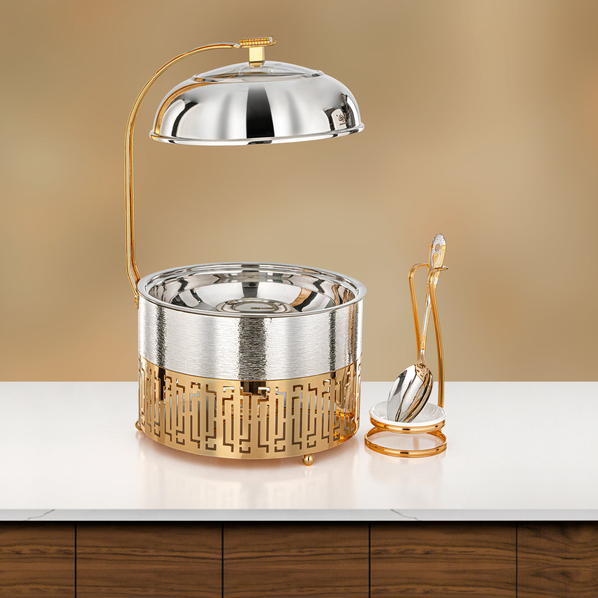 Almarjan 3 Lit Chafing Dish, Brushed Silver & Gold