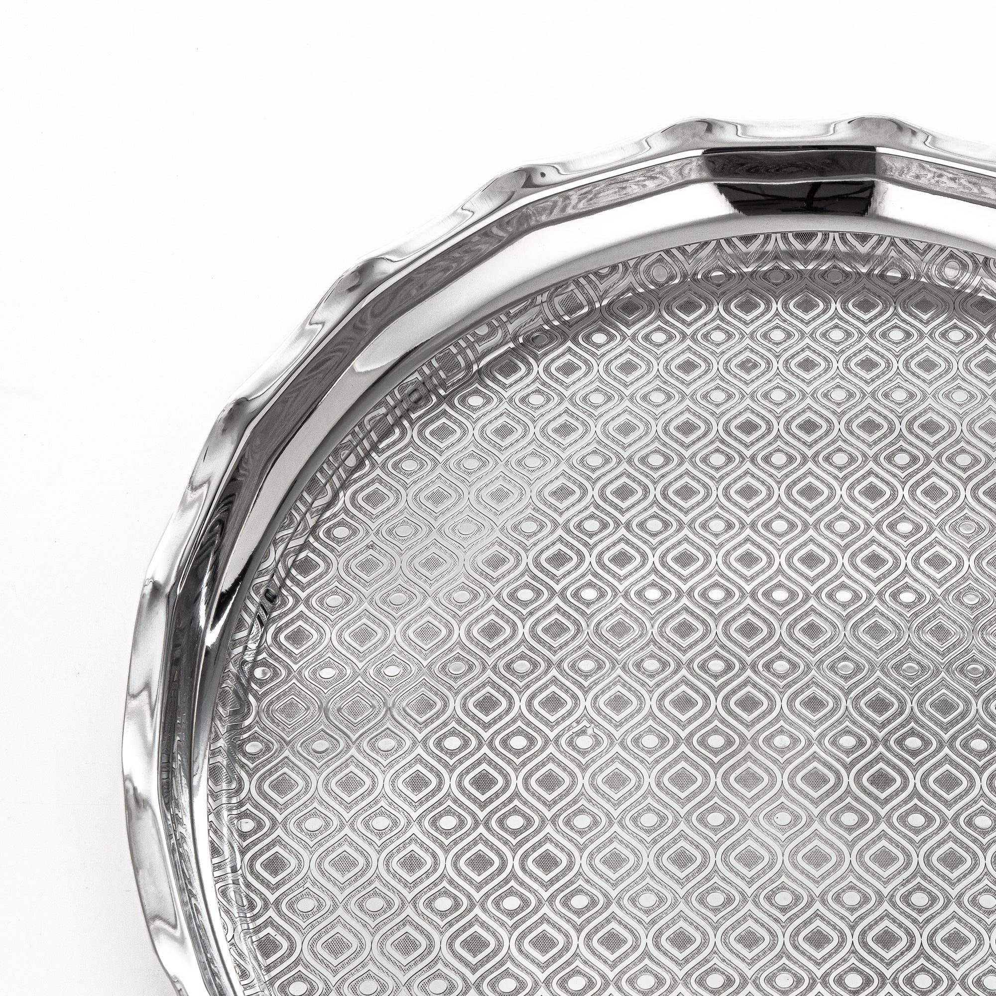 Almarjan Round Tray Stainless Steel Mirror Finish Etched Pattern 50 cm (H24E2) – Wave Collection | Ramadan & Gatherings