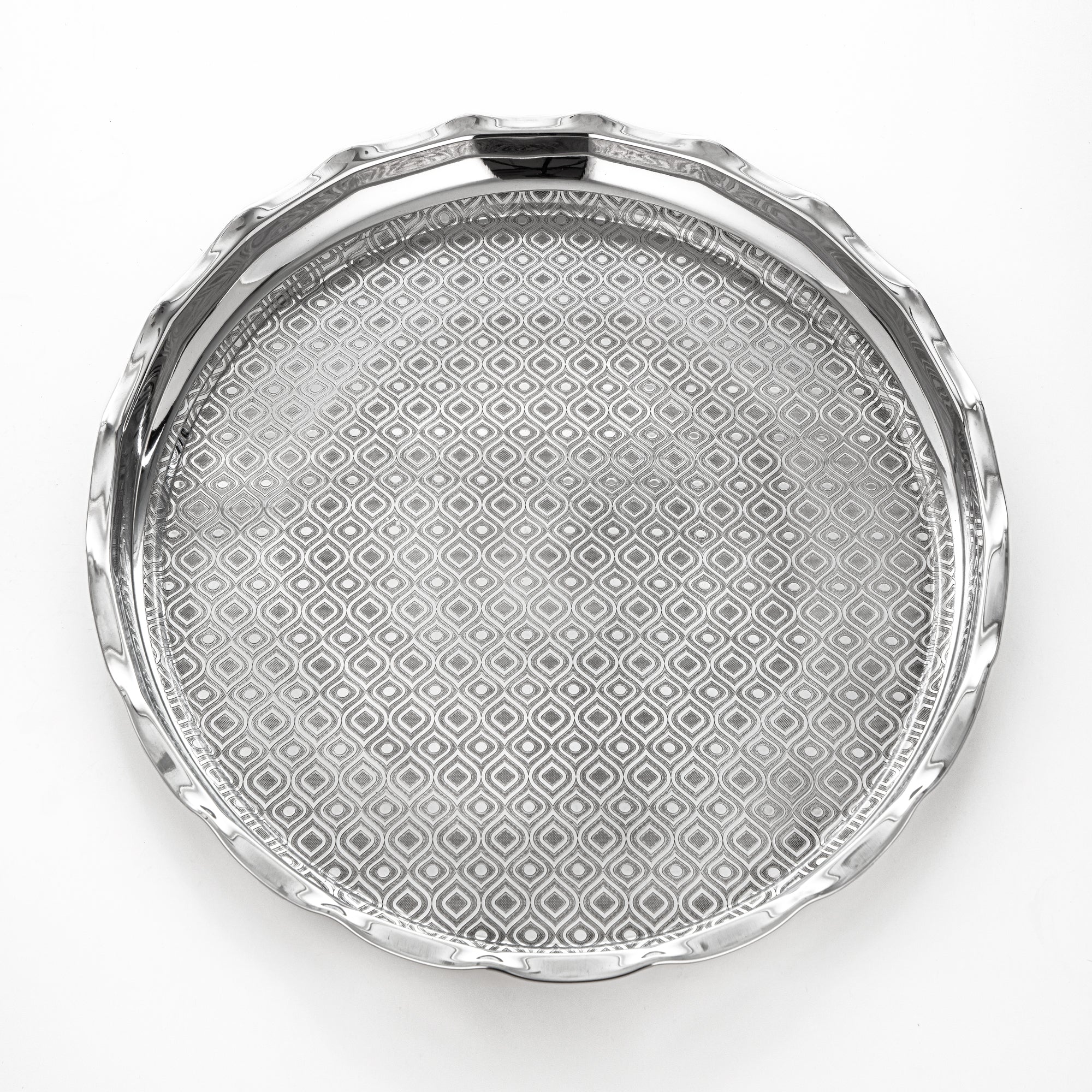 Almarjan Round Tray Stainless Steel Mirror Finish Etched Pattern 50 cm (H24E2) – Wave Collection | Ramadan & Gatherings
