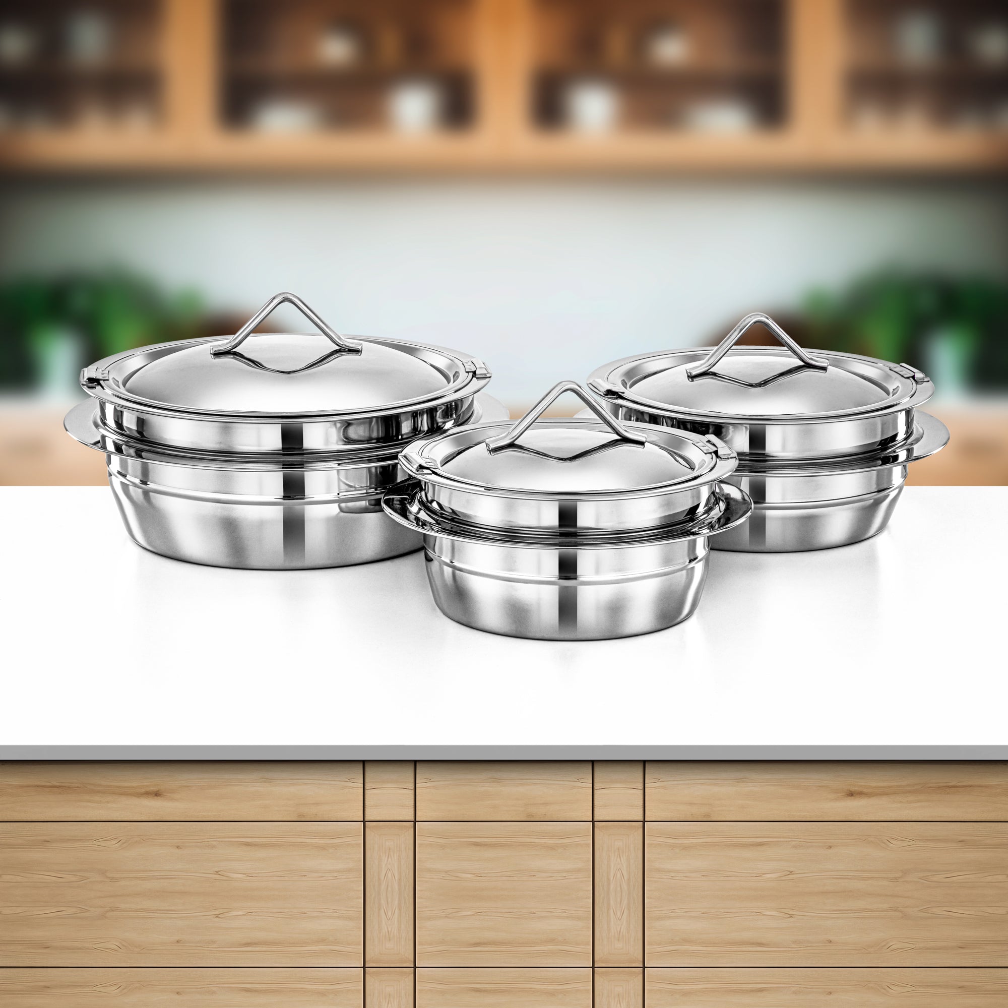 Almarjan Hot Pot Set Stainless Steel 3000ml + 4000ml + 6000ml (H25P6) – Tara Collection | Elegant Serving for Ramadan & Gatherings