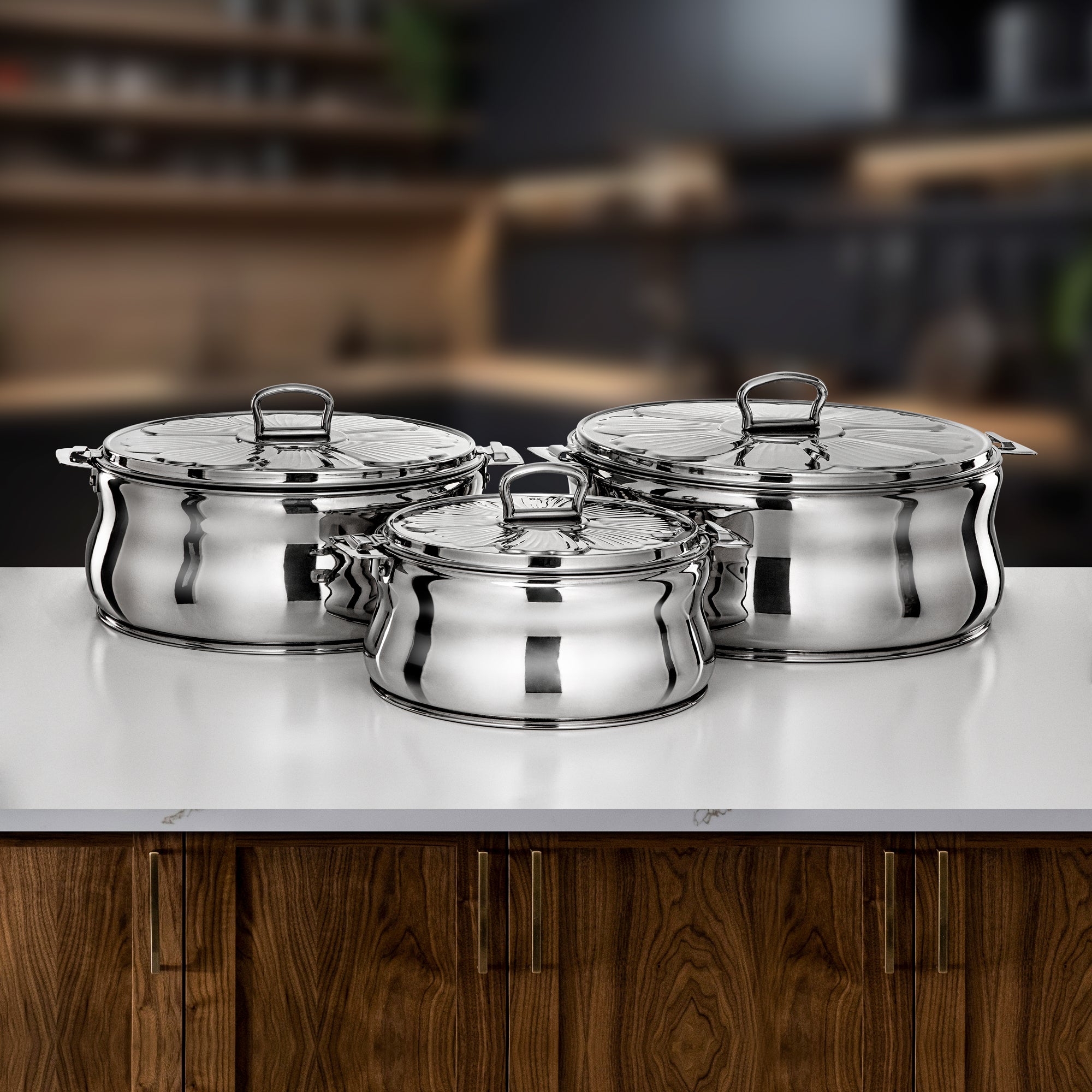 Almarjan Zeena Hot Pot Set 3 Pieces Silver Mirror Finish