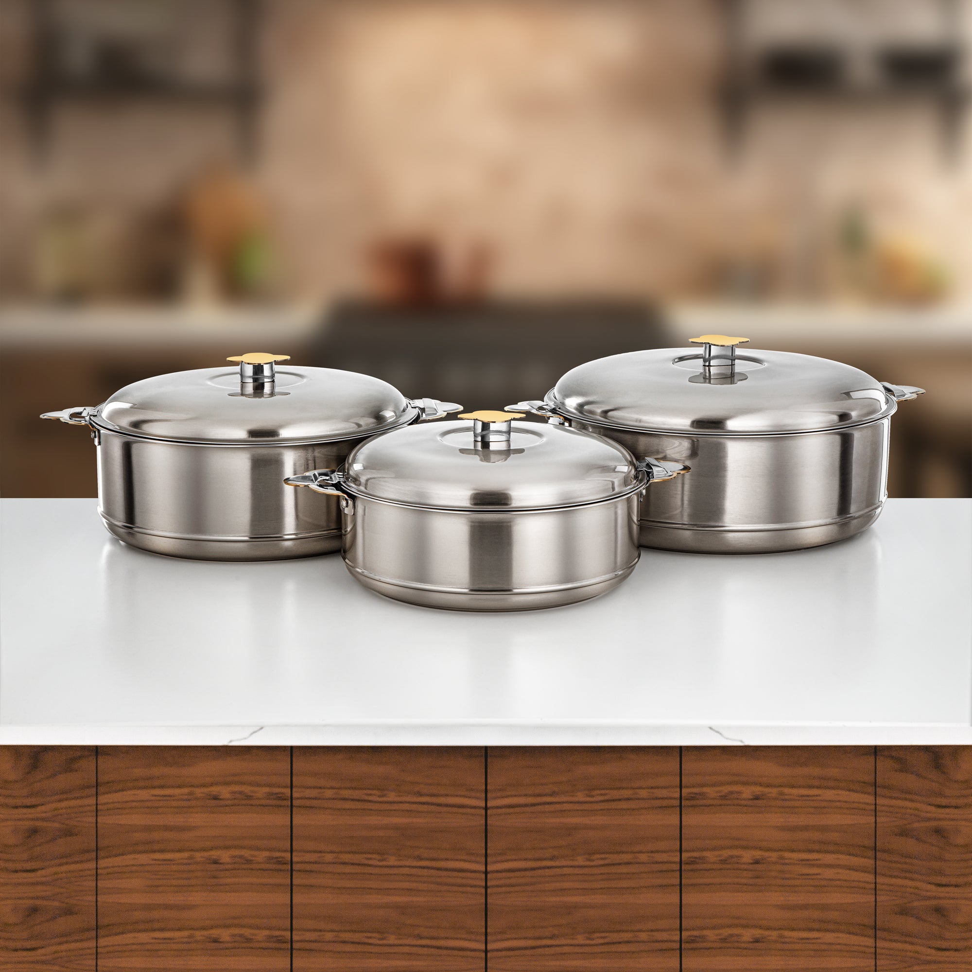 Almarjan Vida Hot Pot Set 3 Pieces 3.5L, 5L & 8L Matt Silver & Gold