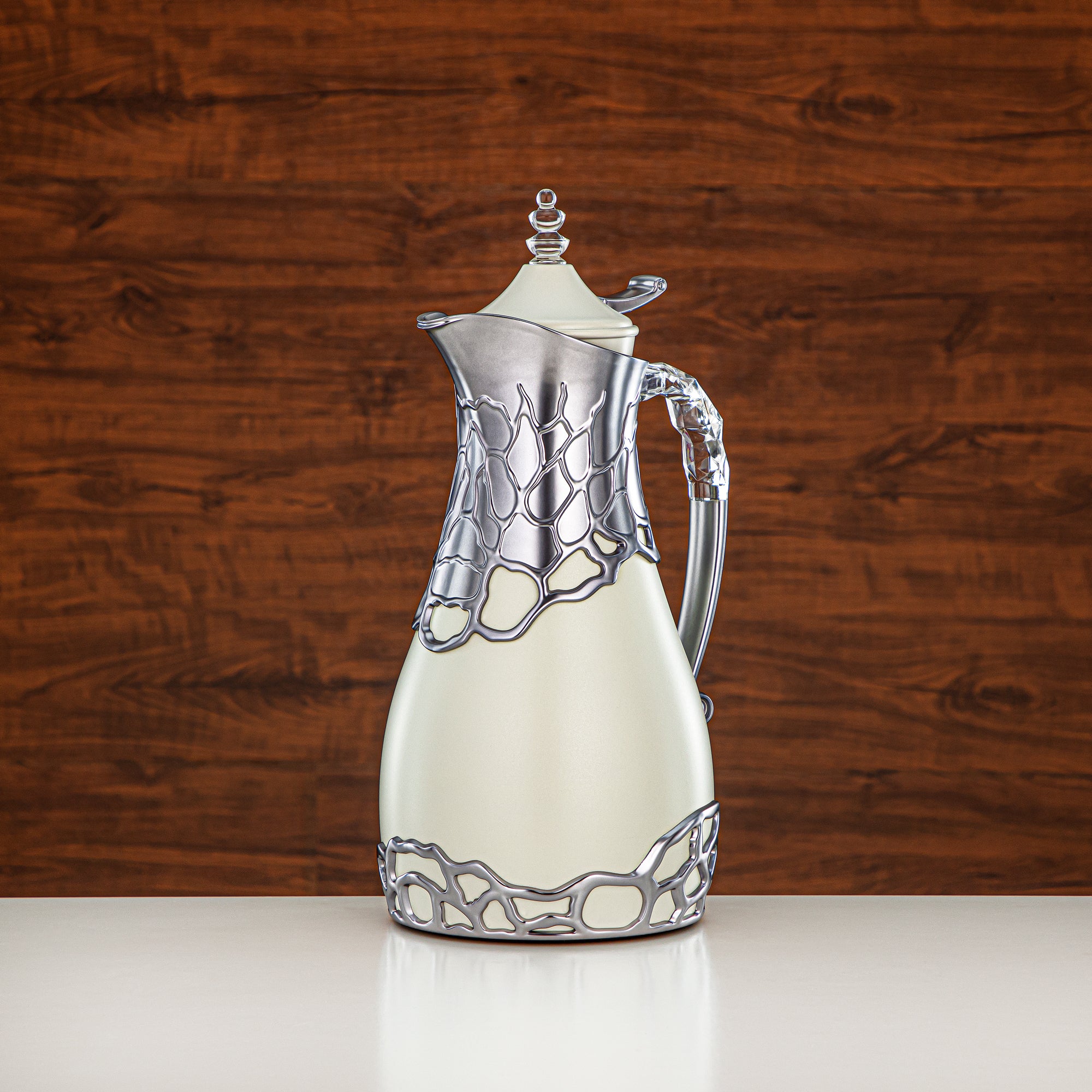 Almarjan Vacuum Flask Set Metal Body 0.7L & 1L ABS & Acrylic Handle (VBC-0700/1000 Q330YZE23) – Ivory & Matte Silver Tea & Coffee Serving