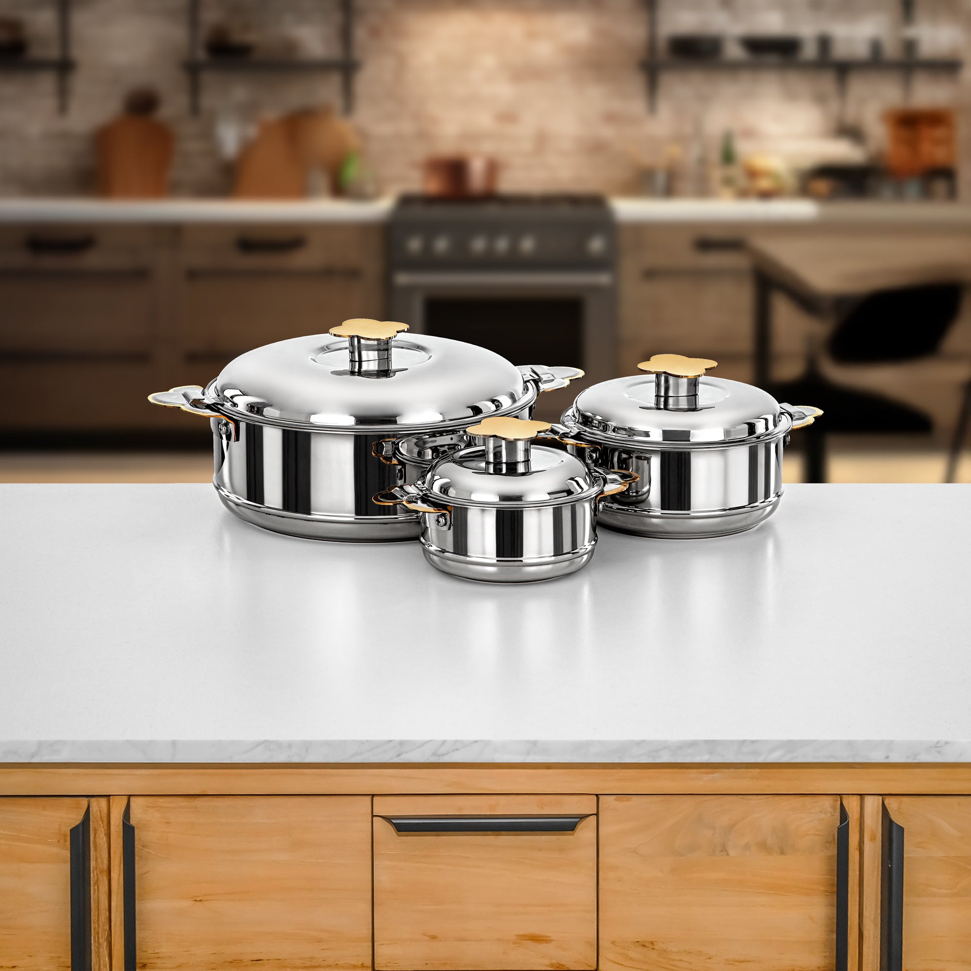 Almarjan Hot Pot Set Stainless Steel Silver & Gold 3-Piece (H25PG1) – Vida Collection | Ramadan & Gatherings