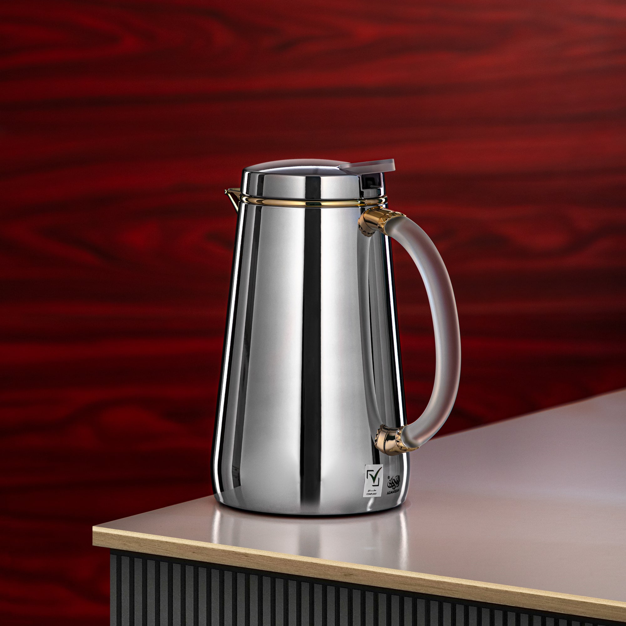 Almarjan Vacuum Flask Metal 0.5 Liter Silver with Golden Spout & Frost Handle (VOP-500 CC95Y15) – Elegant Serving | Ramadan & Gatherings