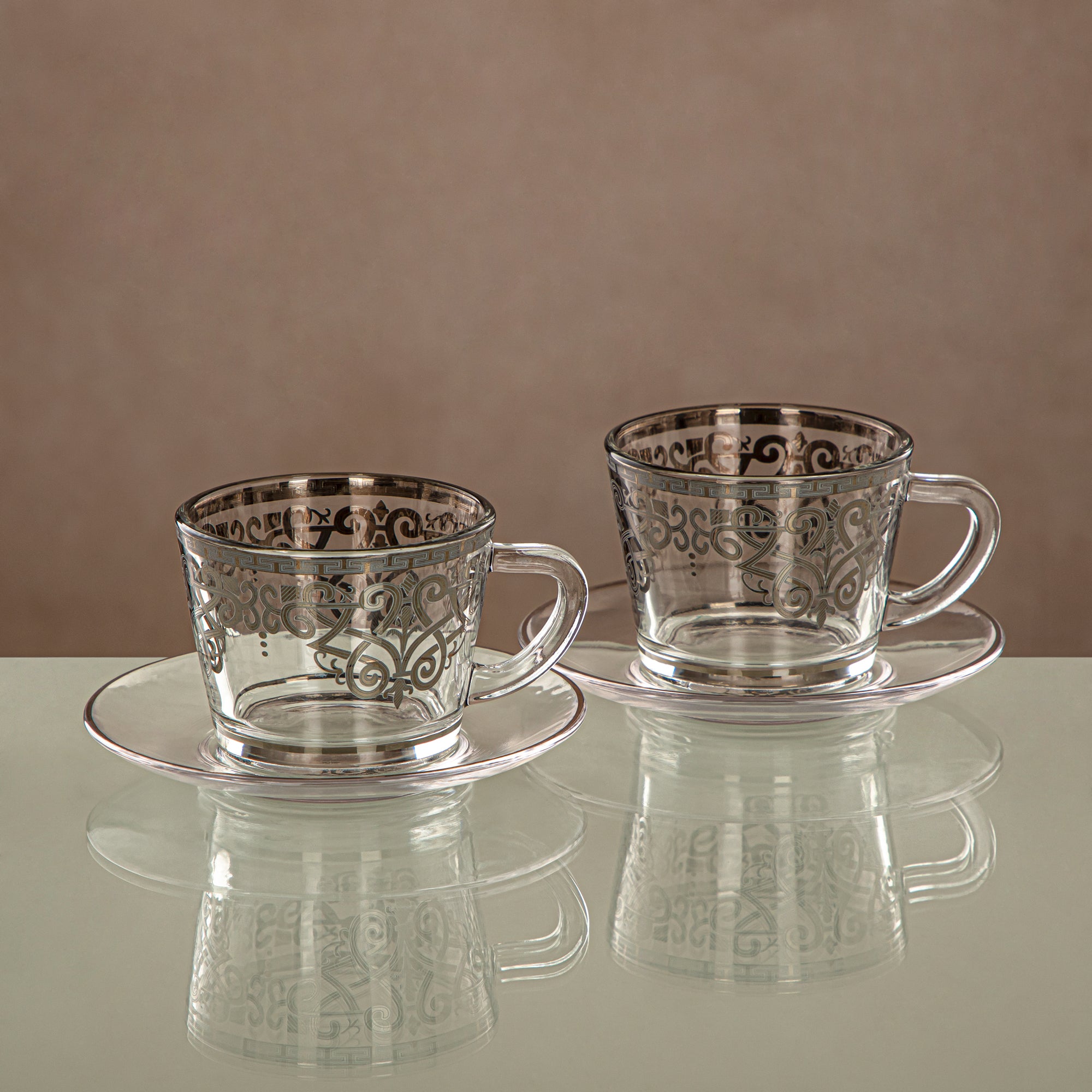Almarjan Cup & Saucer Set Clear & silver 6 pieces (1469B-0011P-YCS-SIL) Gatherings, special occasions, Ramadan, eid