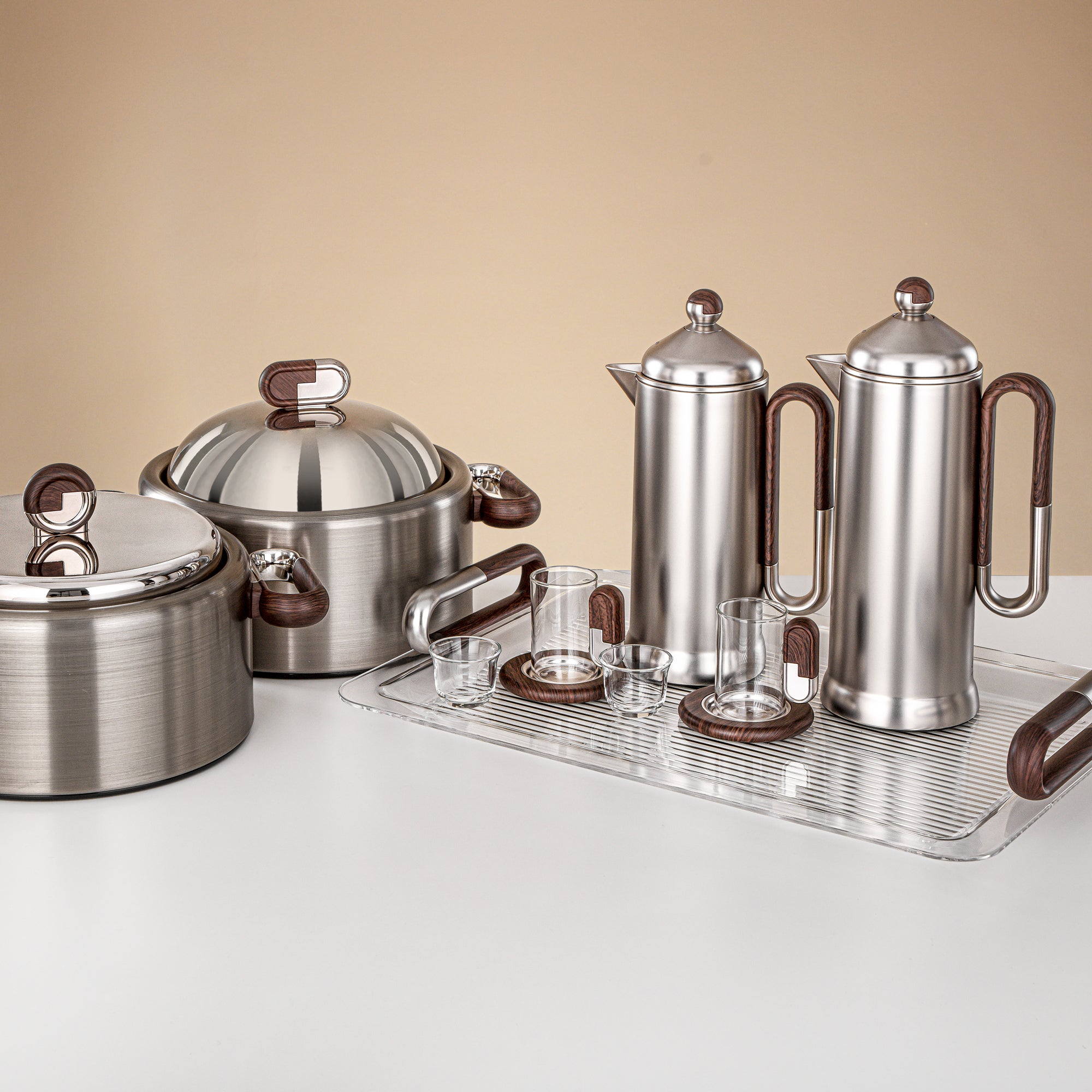 Almarjan 23 Pieces Serving Set, Matt Nickel & Dark Wood