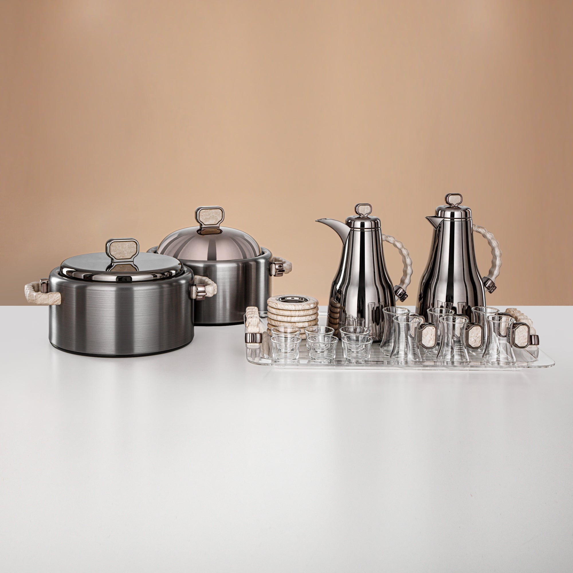 Almarjan 23 Pieces Serving Set, Gun Black & Travertine Marble