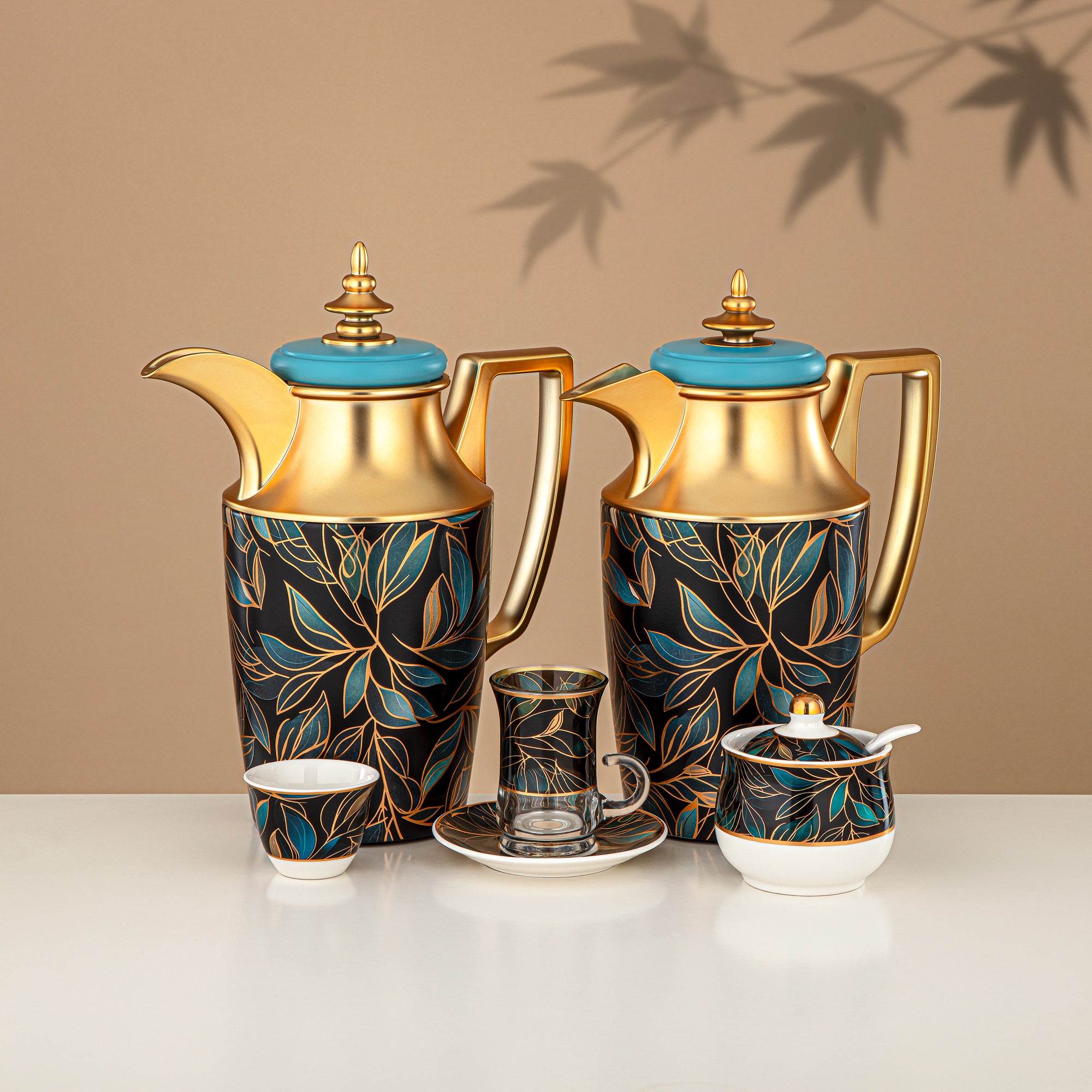 Almarjan Vacuum Flask Set 24 Pieces, 1L + 1L, Floral & Matt Gold (24-JBH-TR-AZ03G) - Tea & Coffee Complete Set