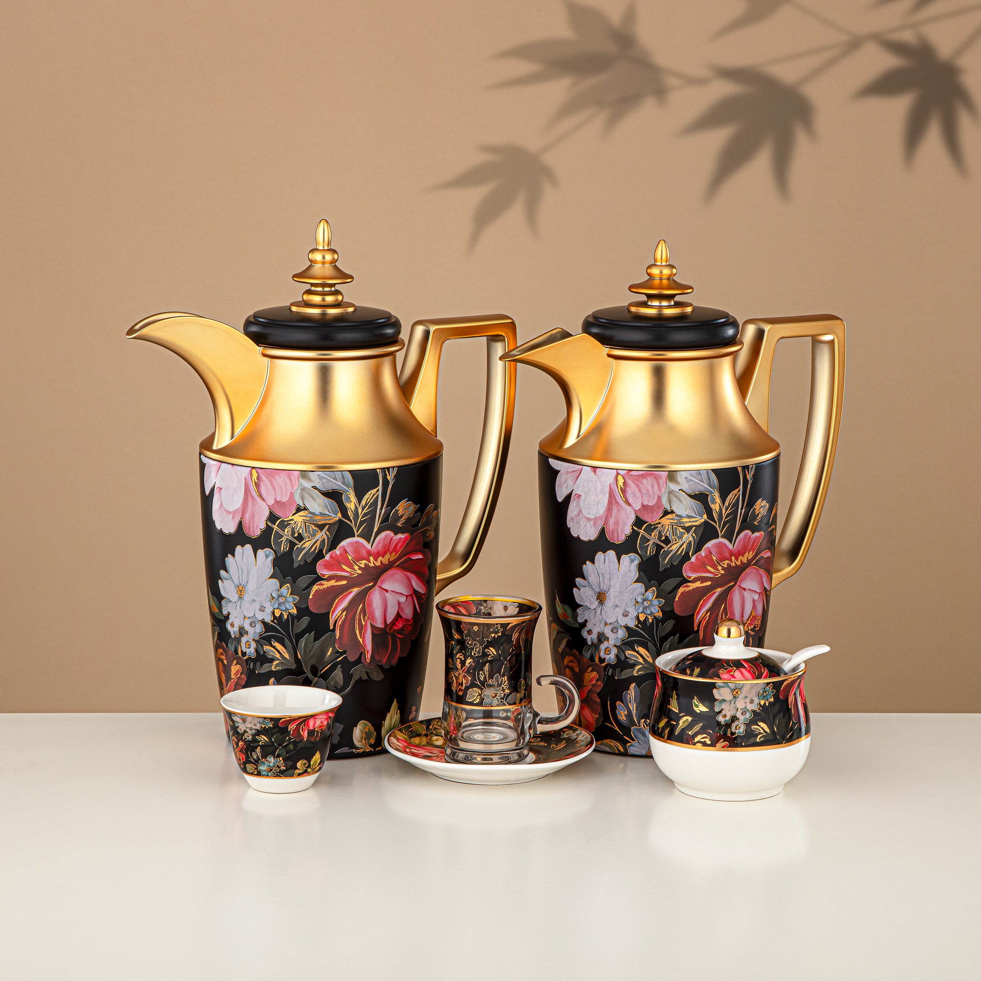 Almarjan Vacuum Flask Set 24 Pieces, 1L + 1L, Floral & Matt Gold (24-JBH-TR-AZ04G) - Tea & Coffee Complete Set