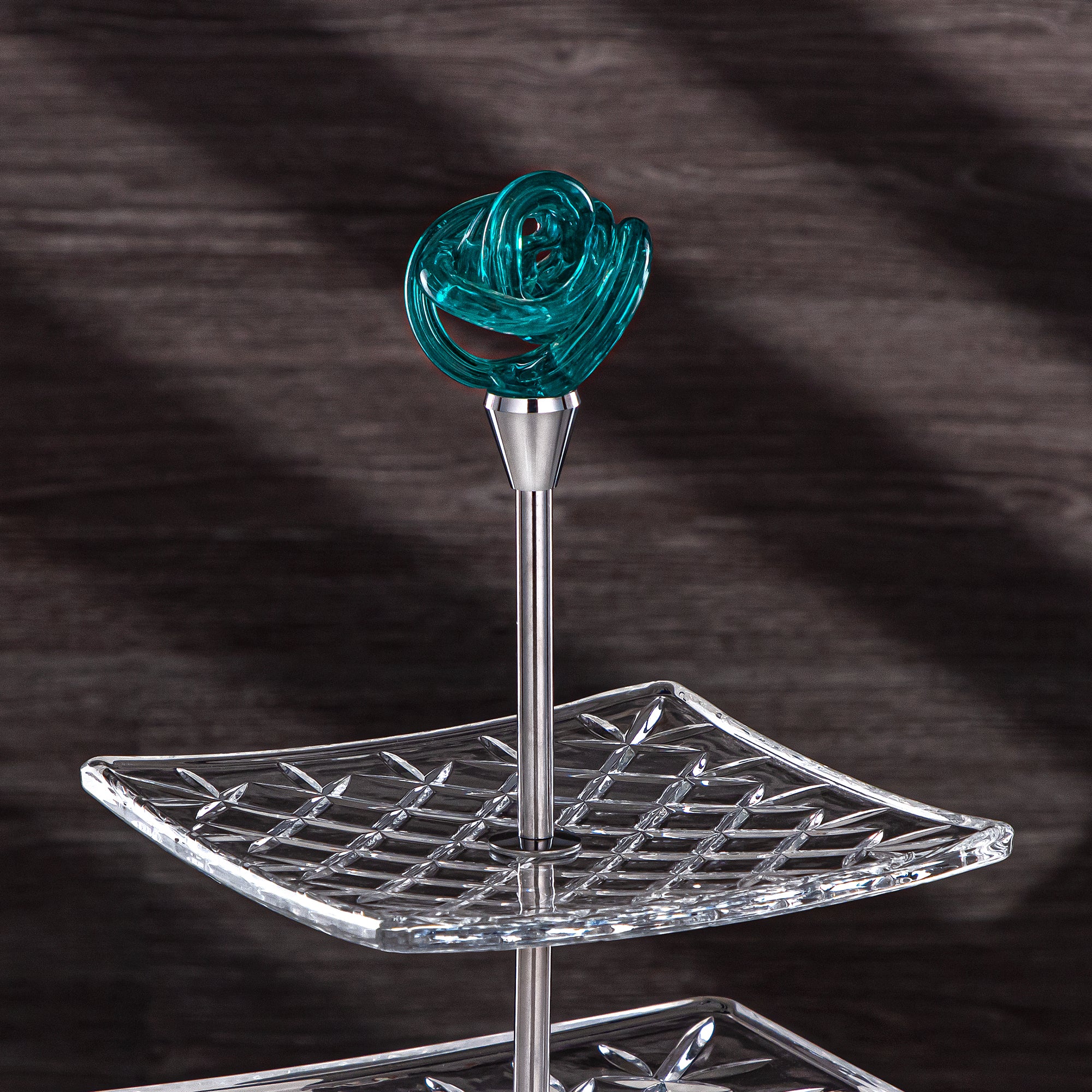 Almarjan Serveware Glass 2-Tier Square Clear with Turquoise Knot