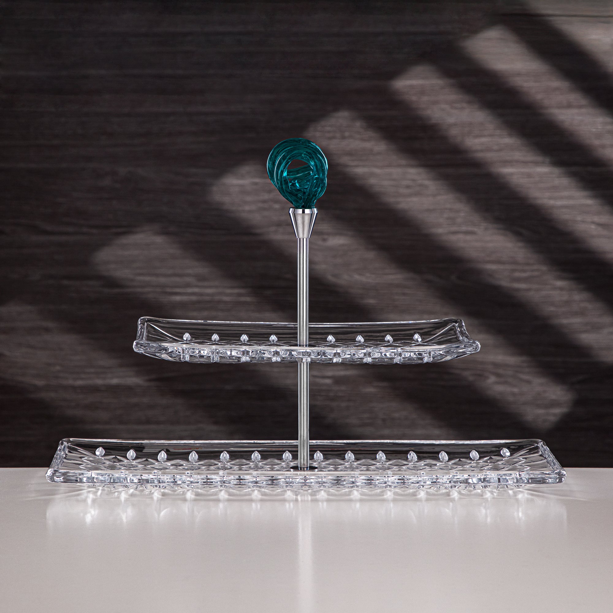 Almarjan Serveware Glass 2-Tier Rectangle Clear with Turquoise Knot