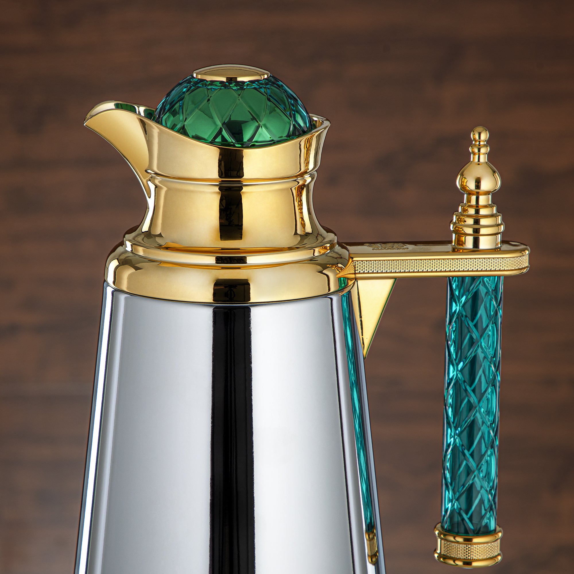 Almarjan Vacuum Flask Set, Push Button, Acrylic Handle - 0.7L + 1L, Silver, Gold & Green (CBY+CBZ-CGG) - Classic Vacuum Flasks