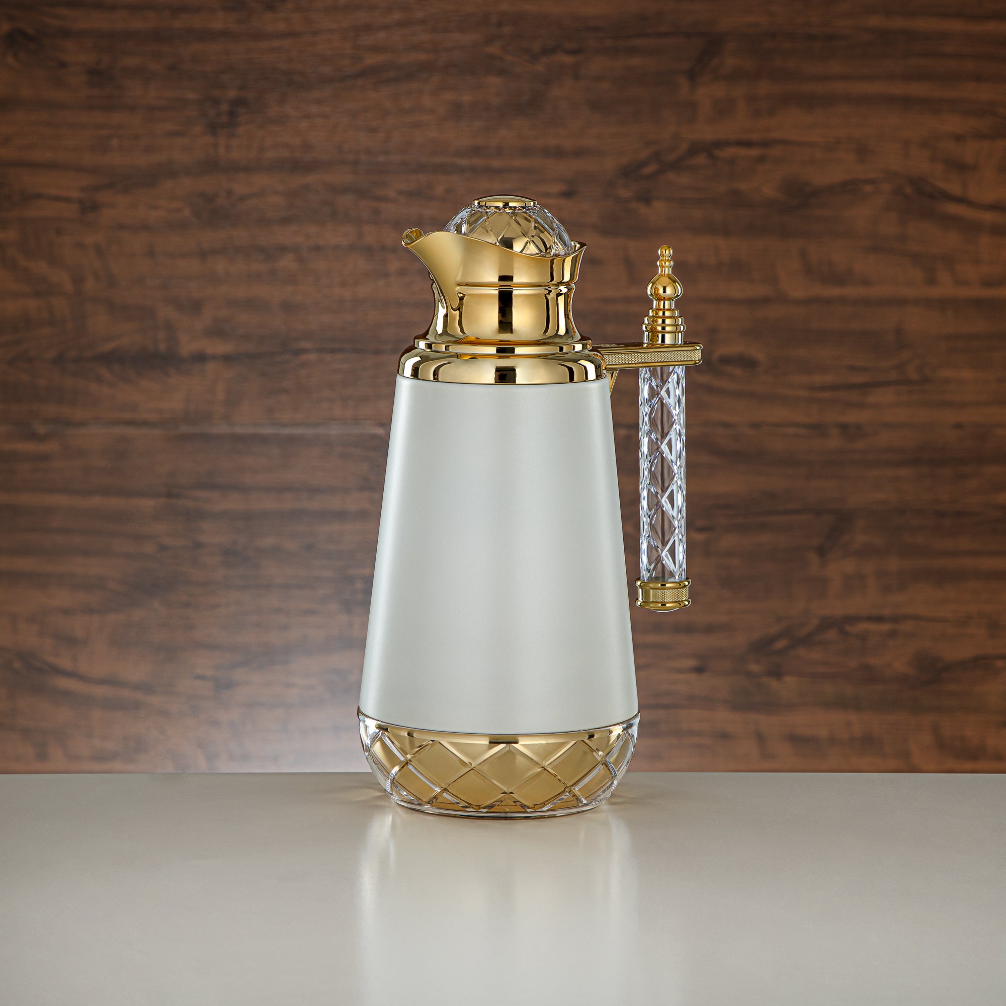 Almarjan Vacuum Flask Set, Push Button, Acrylic Handle - 0.7L + 1L, White & Gold (CBY+CBZ-WCG) - Classic Vacuum Flasks