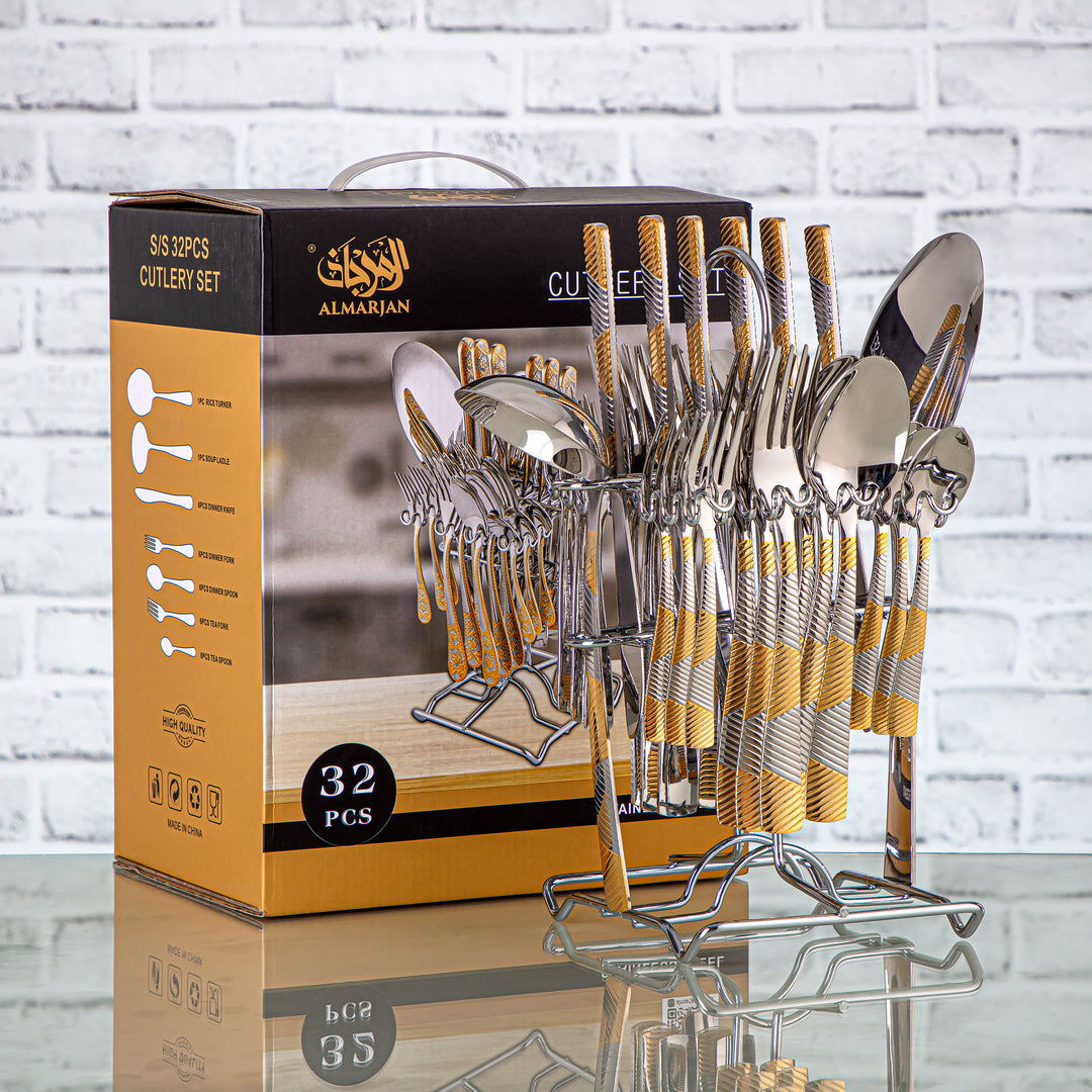 Almarjan 32 Pieces Stainless Steel Cutlery Set With Holder Silver & Gold - CUT0010207