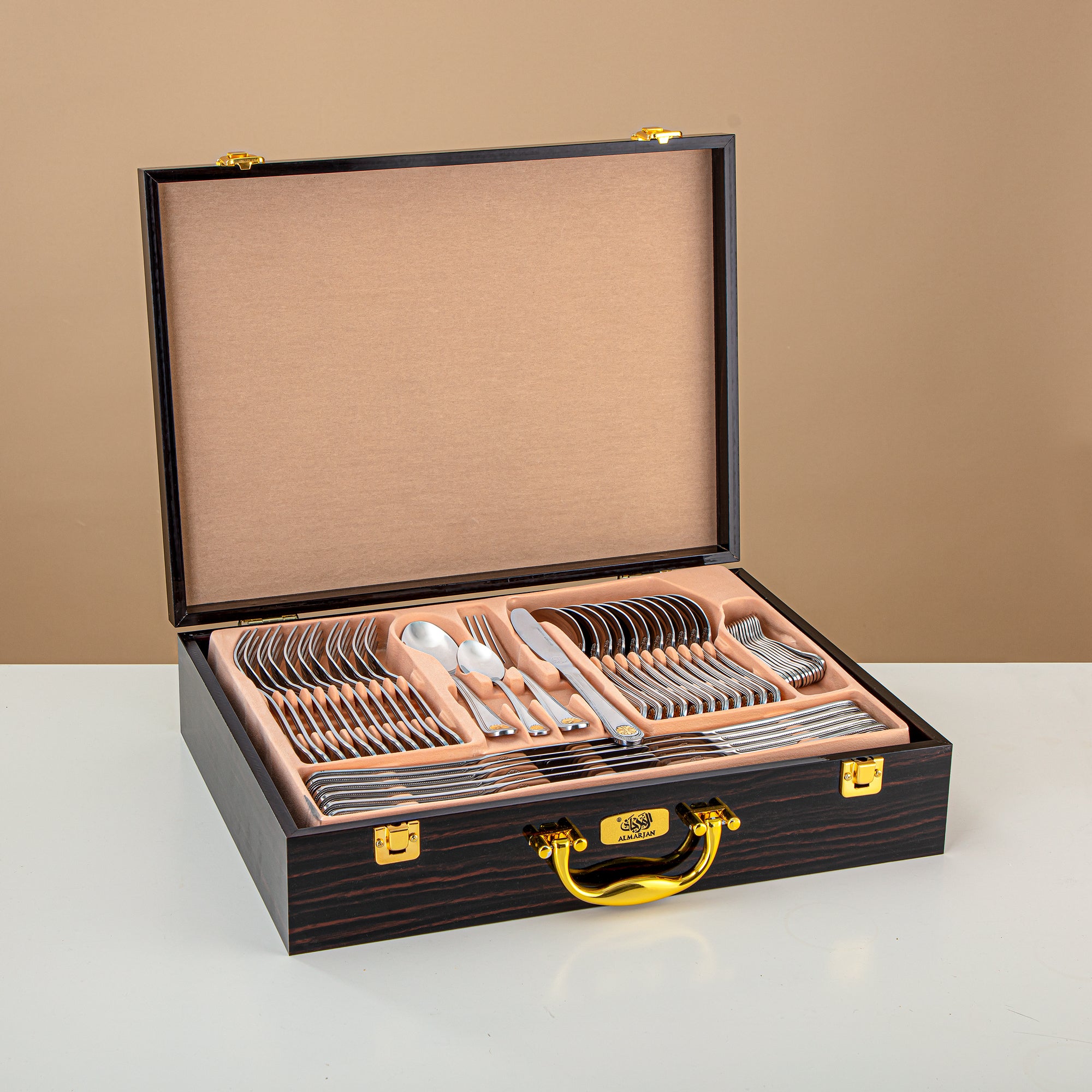 Almarjan Cutlery Set 84 Pieces, Stainless Steel, Leather Case, Silver & Gold (CUT0010348) Elegant Cutlery Set