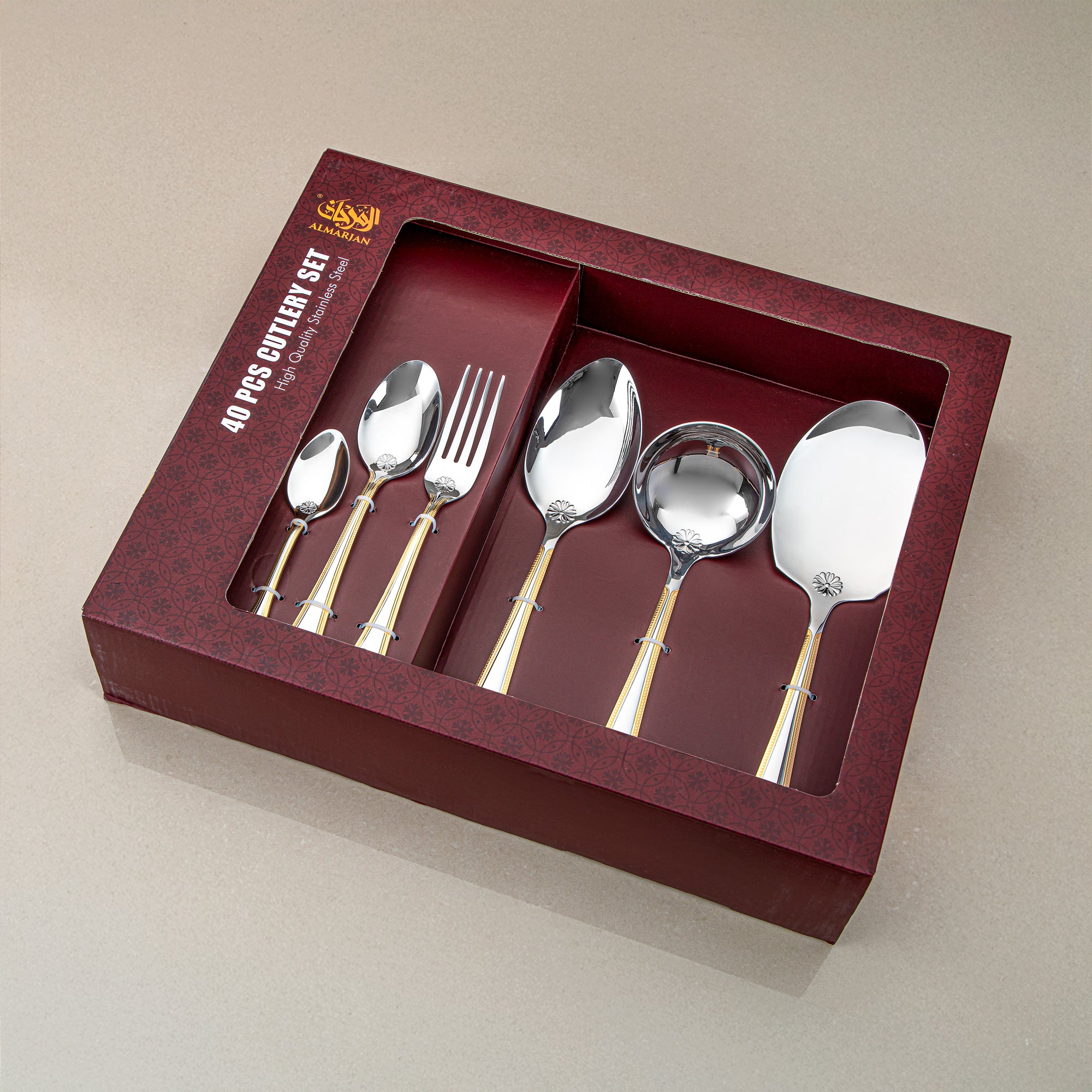 Almarjan Cutlery Set 40 Pieces, Stainless Steel, Silver & Gold (CUT0010379) Elegant Cutlery Set