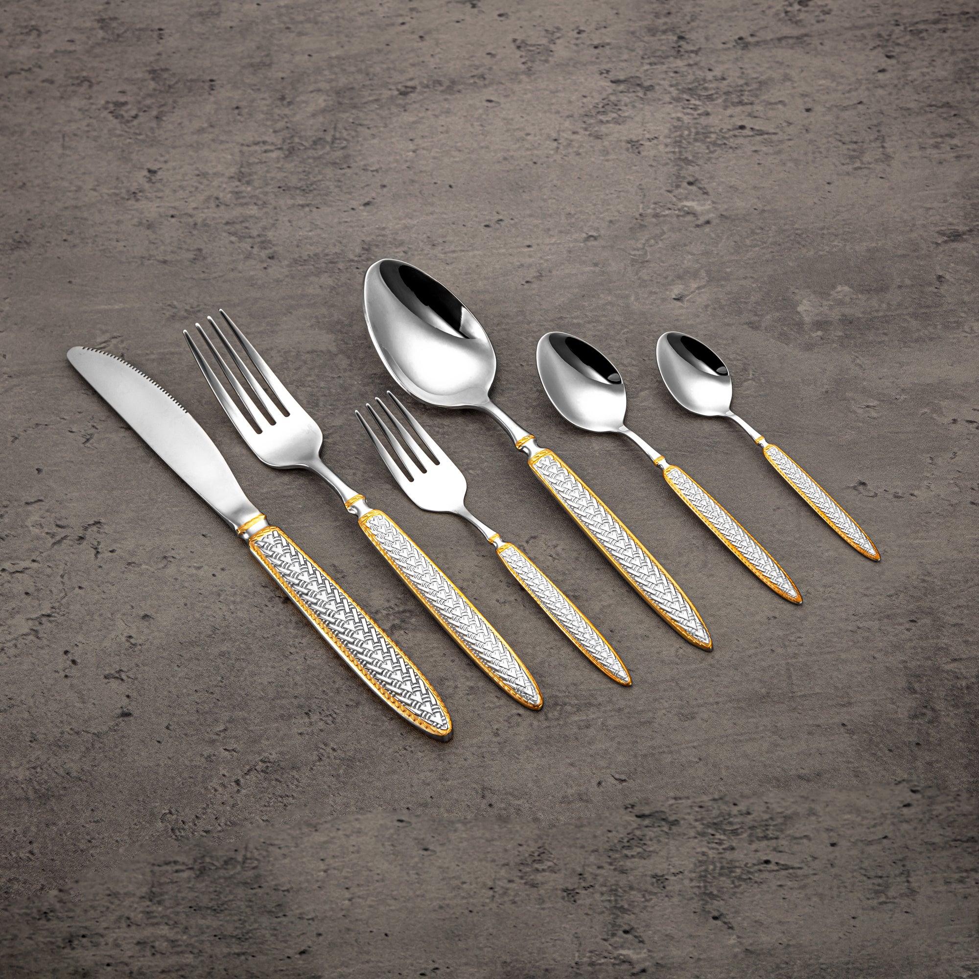 Almarjan Cutlery Set 84 Pieces, Stainless Steel, Leather Case, Silver & Gold (CUT0010435) Elegant Cutlery Set