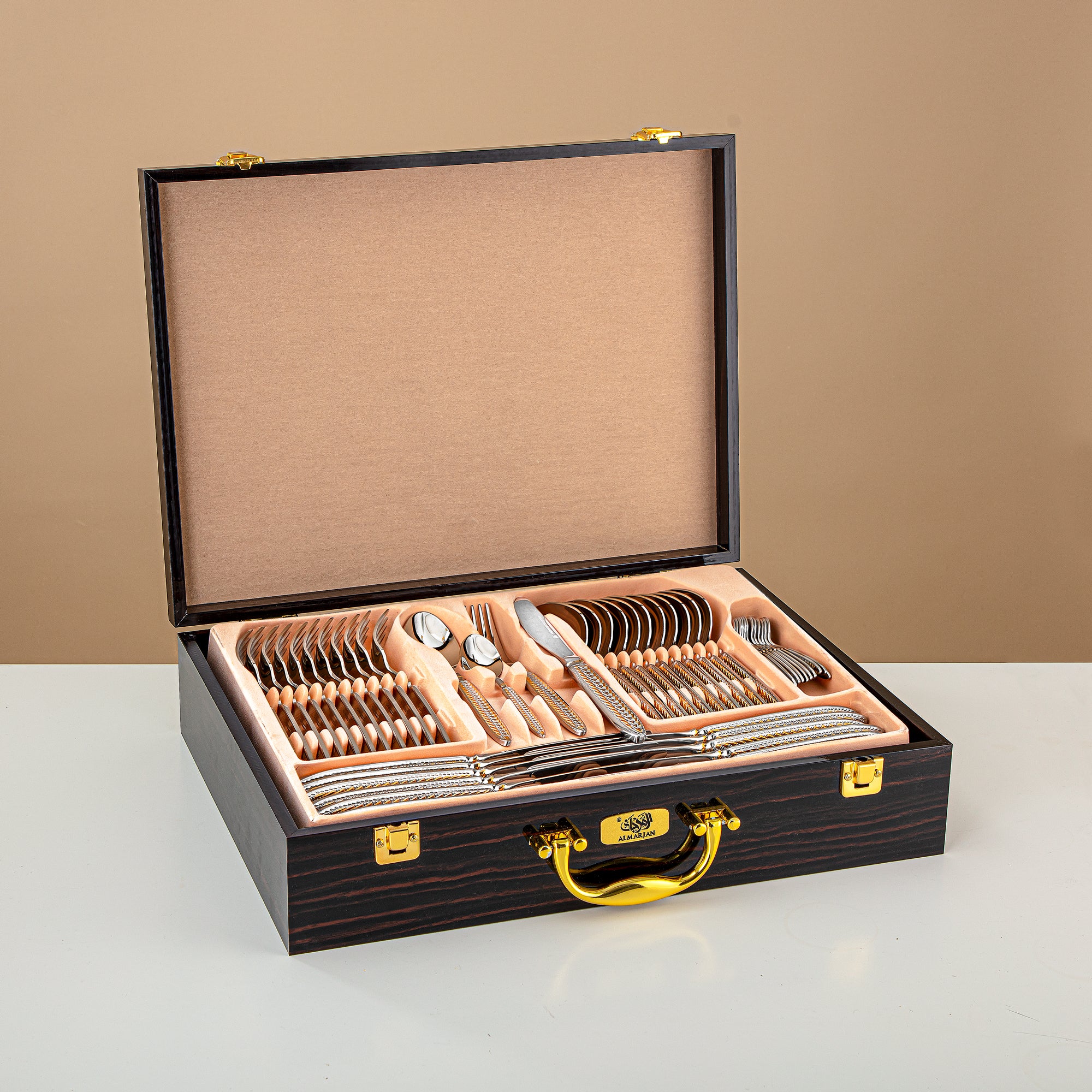 Almarjan Cutlery Set 84 Pieces, Stainless Steel, Leather Case, Silver & Gold (CUT0010436) Elegant Cutlery Set