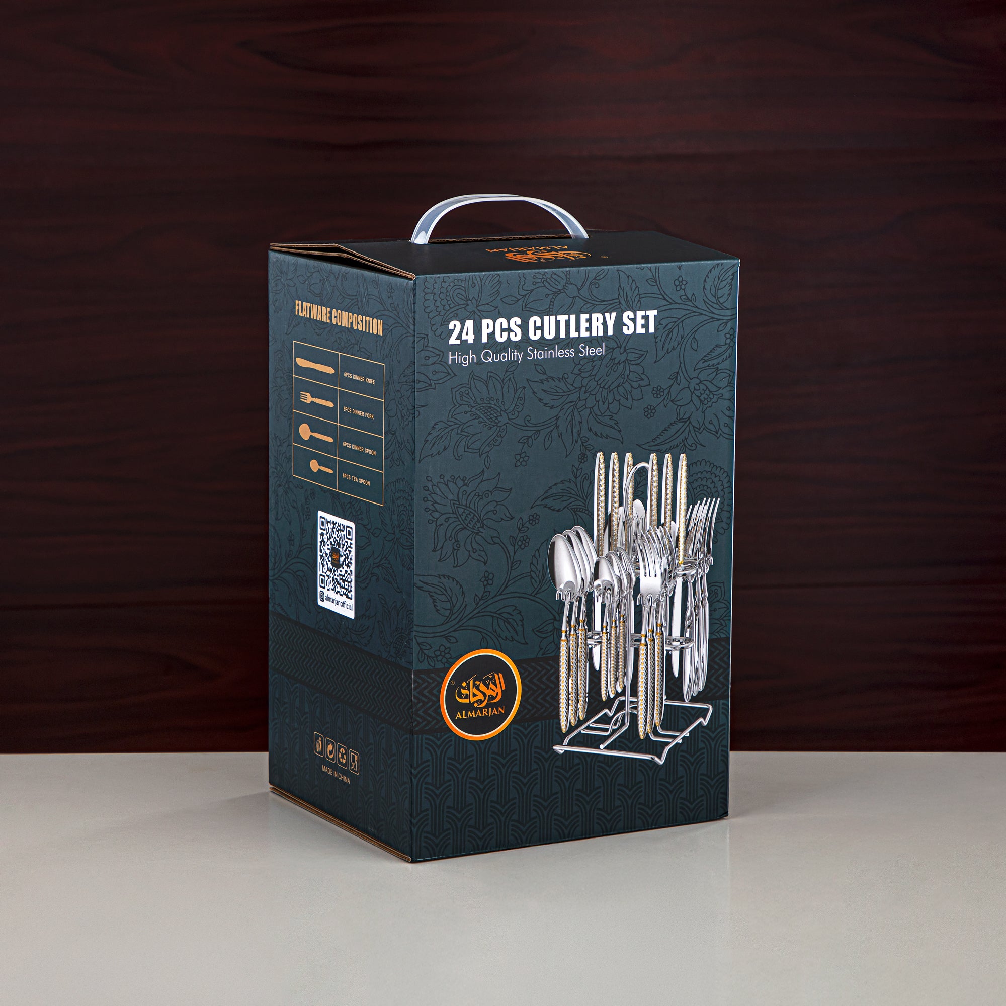 Almarjan Cutlery Set 24 Pieces, Stainless Steel, With Stand, Silver & Gold (CUT0010438) Elegant Cutlery Set