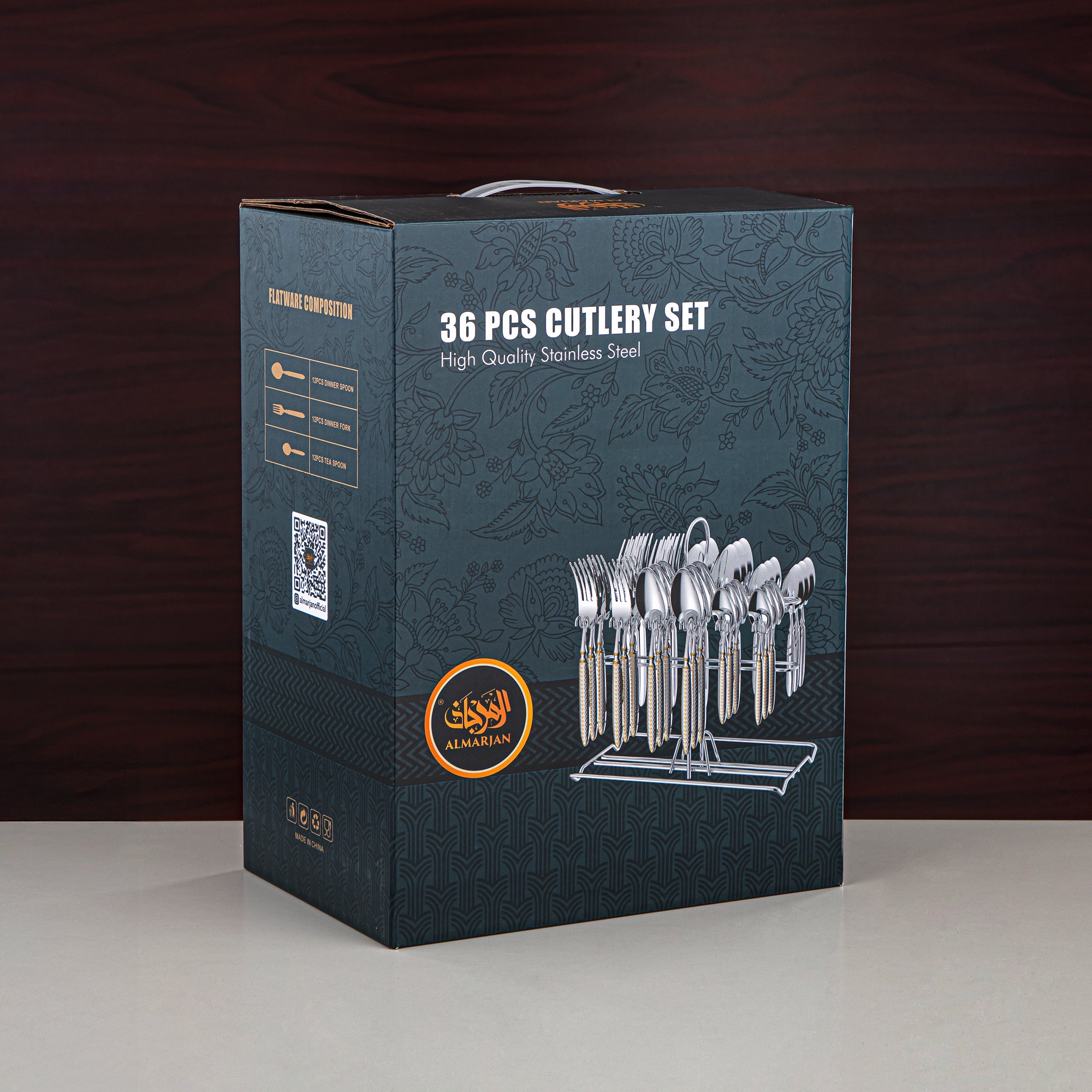 Almarjan Cutlery Set 36 Pieces, Stainless Steel, With Stand, Silver & Gold (CUT0010444) Elegant Cutlery Set
