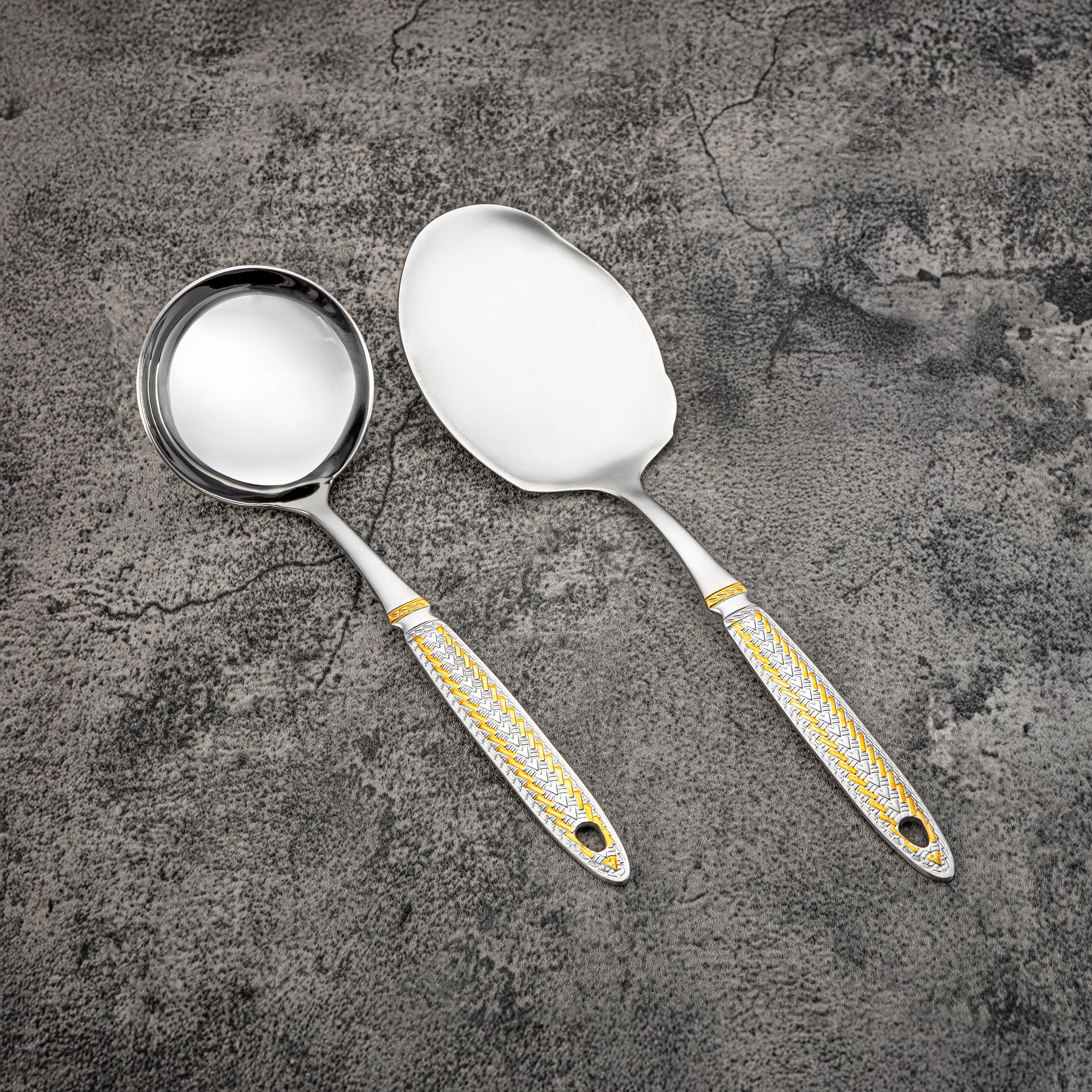 Almarjan Cutlery Set 32 Pieces, Stainless Steel, With Stand, Silver & Gold (CUT0010448) Elegant Cutlery Set