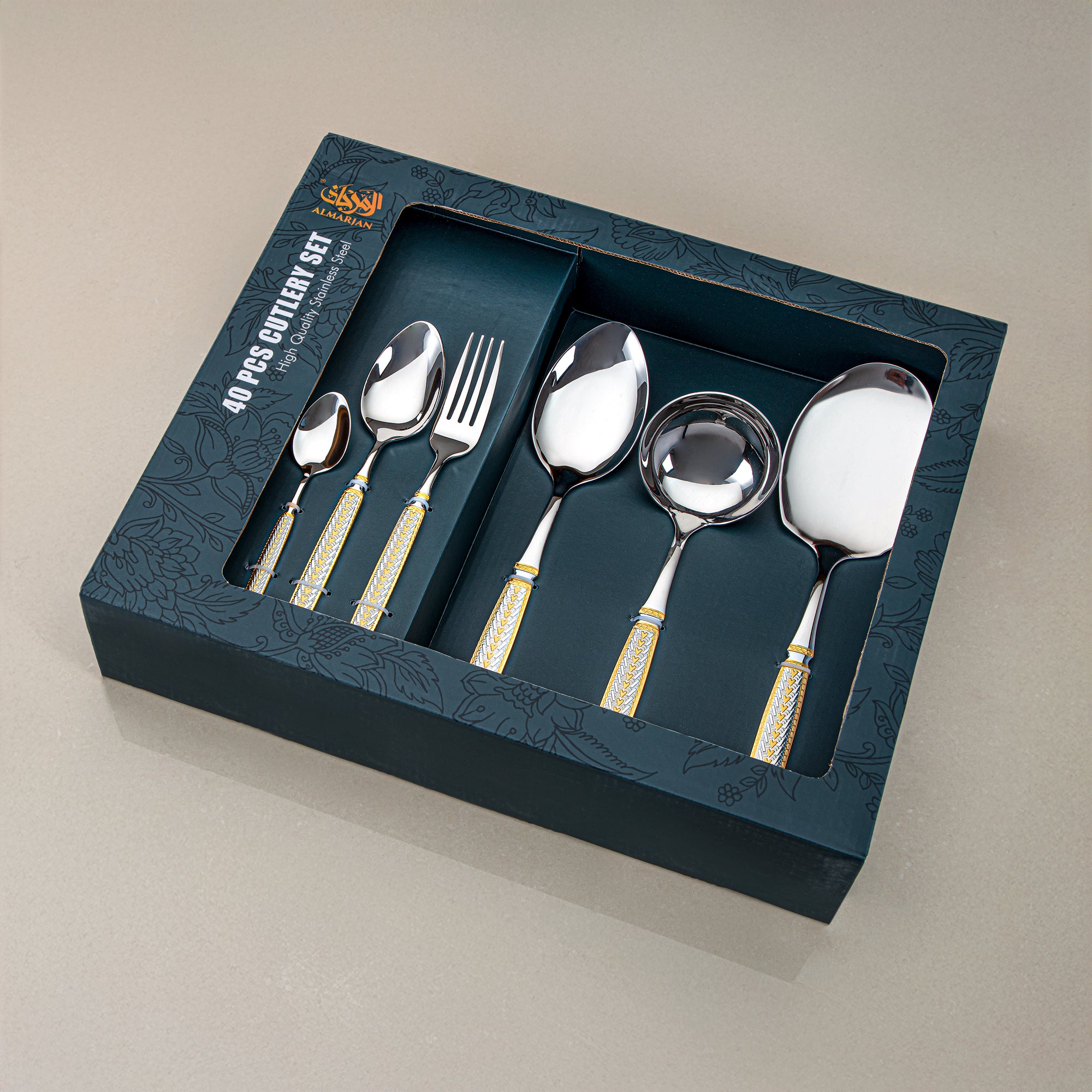 Almarjan Cutlery Set 40 Pieces, Stainless Steel, Silver & Gold (CUT0010466) Elegant Cutlery Set