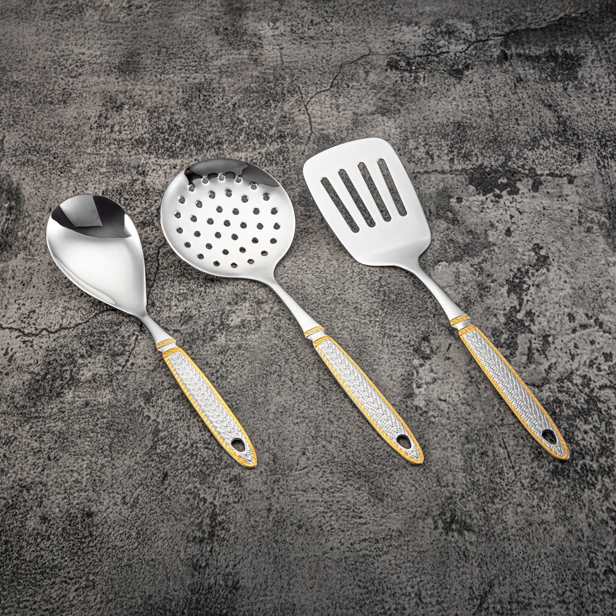 Almarjan Kitchen Tool Set 7 Pieces, Stainless Steel, With Stand, Silver & Gold (CUT0010471) Elegant Flatware